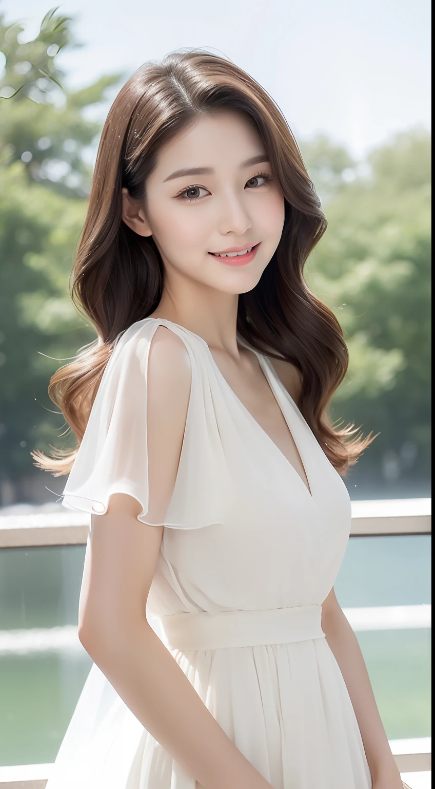 (A Korean Woman), (A Woman), Portrait Mode, Large Depth of Field, 45 Degree View, Royal Sister, Gentle, ((Best Quality, 8K, Masterpiece: 1.3)), Focus: 1.2, Standing Sideways, (Chest Close-up: 1.3), ((Delicate Long Hair)), Highly detailed face and skin texture, Detailed eyes, Double eyelids, Long eyelashes, (Snow white skin), Whitening skin, Smile, 20 years old, soft chiffon transparent dress, long skirt, Mercury dress, elegant dress, Wearing elegant dresses, dresses, soft elegance, beautiful dresses, wearing long dresses, elegant elegance, beautiful soft dresses, chiffon