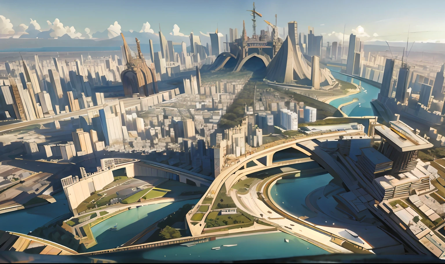Alafid view of a city with large expanses of water, entire city in view, big and structured valhalla city, expansive detailed layered city, tectonic cityscape, sao paulo in the year 2 0 7 0, entire city visible, landscape of a future city, an exquisite 3 d map, massive city, highly realistically detailed, big city, Detailed city