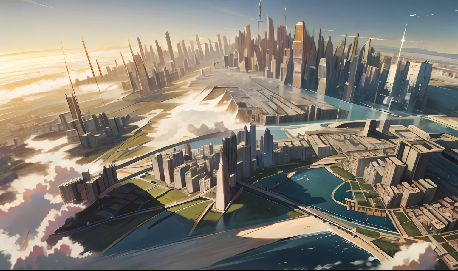 Alafid view of a city with large expanses of water, entire city in view, big and structured valhalla city, expansive detailed layered city, tectonic cityscape, sao paulo in the year 2 0 7 0, entire city visible, landscape of a future city, an exquisite 3 d map, massive city, highly realistically detailed, big city, Detailed city