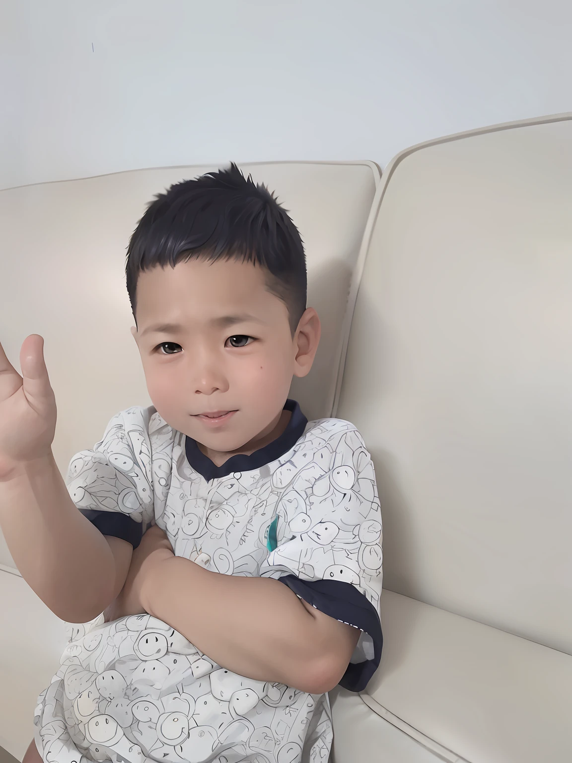 There was a sitting on the couch Ultraman gesturing, 2 years olshort black hair,