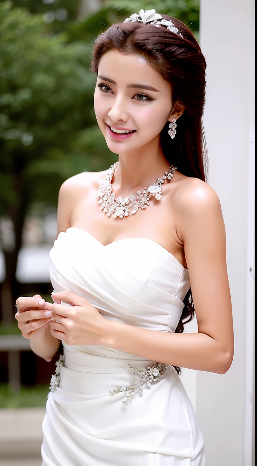 Fashion model 18 years old [[[[closeup cleavage]]]], [[[[boobgasm]]]], [[[[coll]]]], [[[[bshoulders]]]], perfect  eyes, Perfect iris，Perfect lips，perfect teeth，Perfect skin，Long face，slender nose，Soft front light，hdr，Movie girl，on cheongsam，long whitr hair，Long hair with a shawl，Long hair like a waterfall，Green trees and flowers in the background，（pastel colour：1.2）