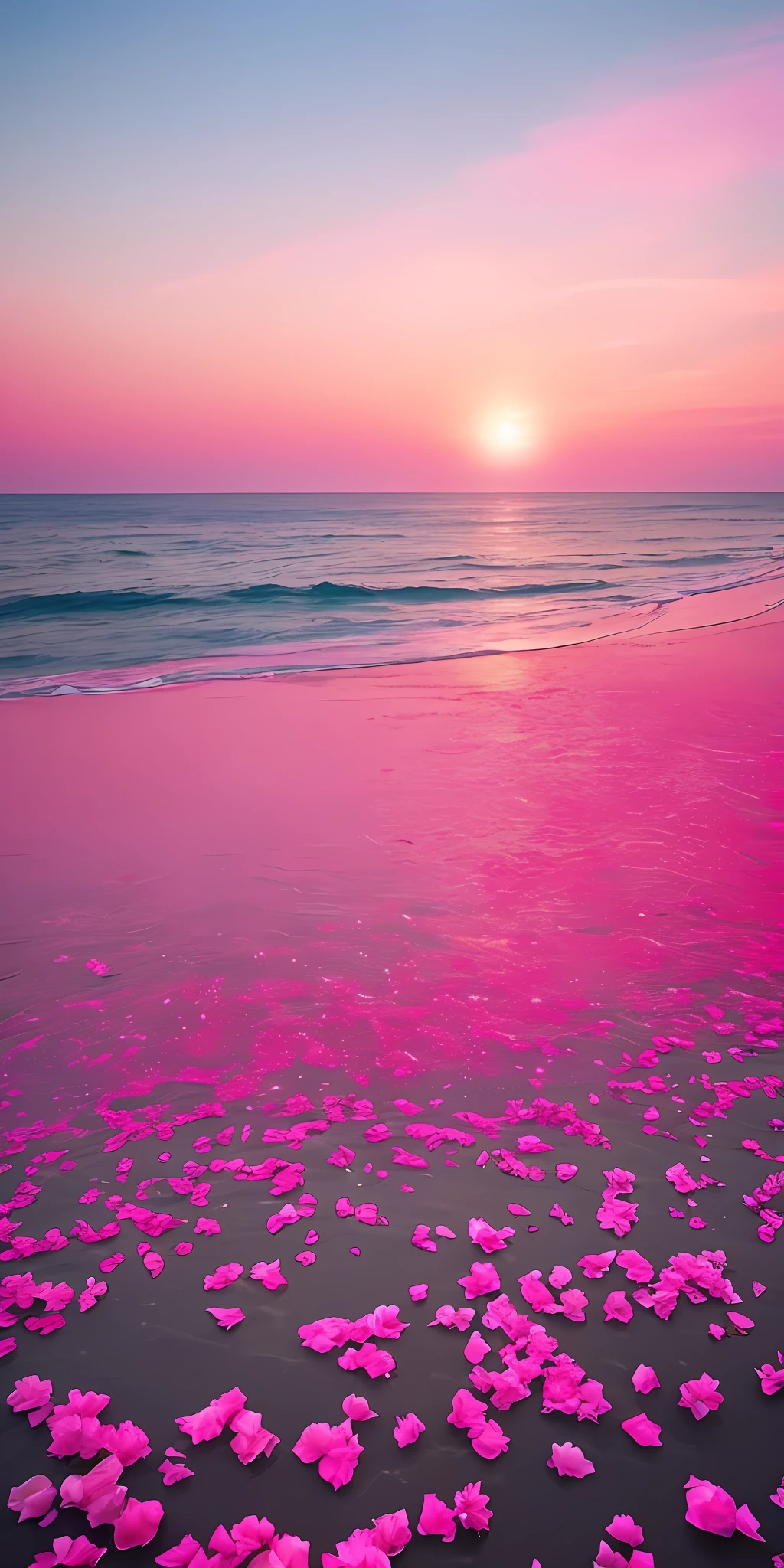 Pink moon, pink sky, soft pink clouds, pink ocean waves sparkling, sparkling, pink roses on pink ocean, fantasy, diamond, crown, universe, soft lights,