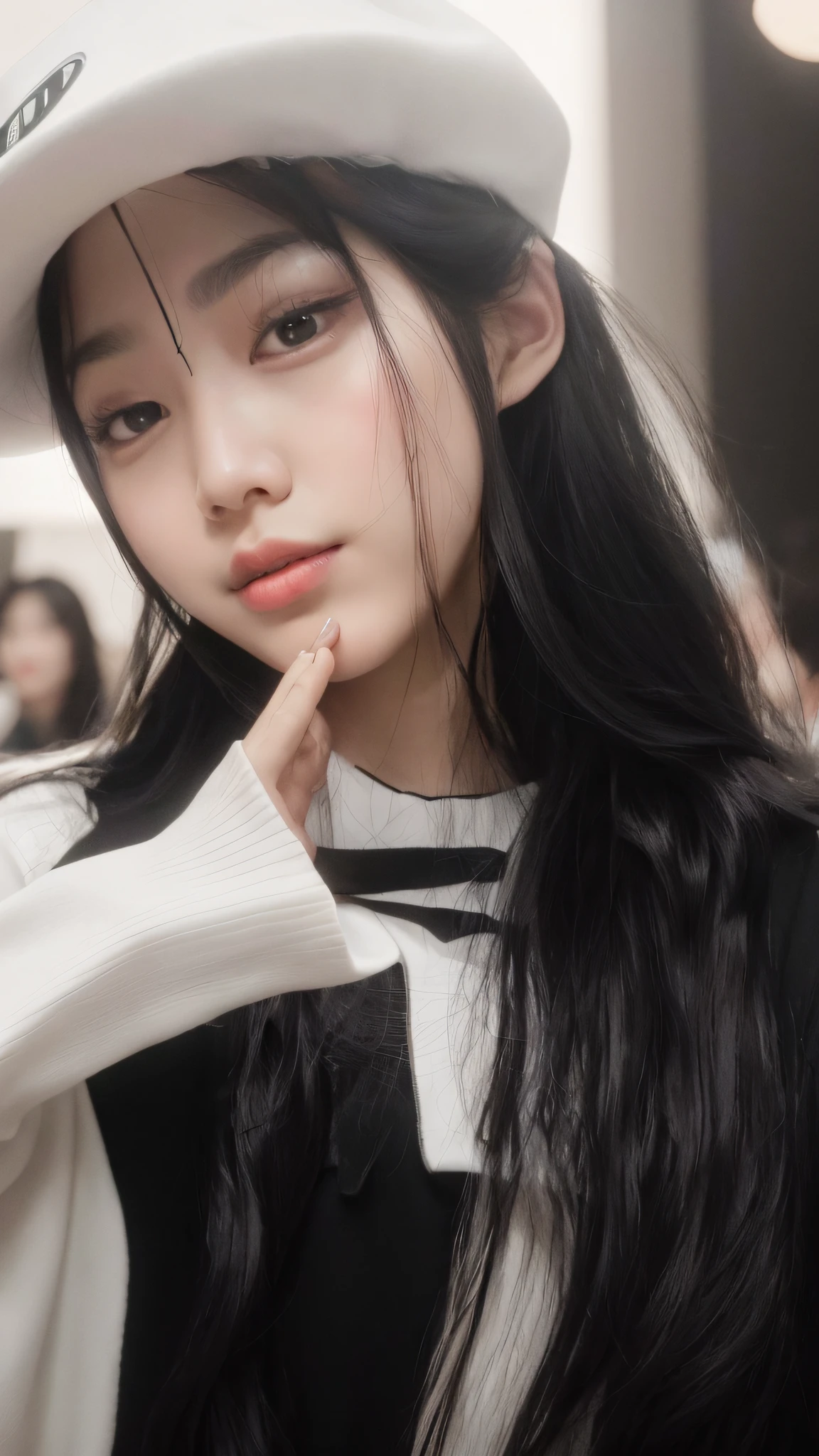 Aalfed Asian woman with long black hair wearing a white hat, ulzzangs, wan adorable korean face, 8K selfie photos, Shin Jinying, with cute - fine - face, tzuyu from twice, 8K)), sakimichan, young lovely Korean faces, jaeyeon nam, with very thin lips, very very low quality picture