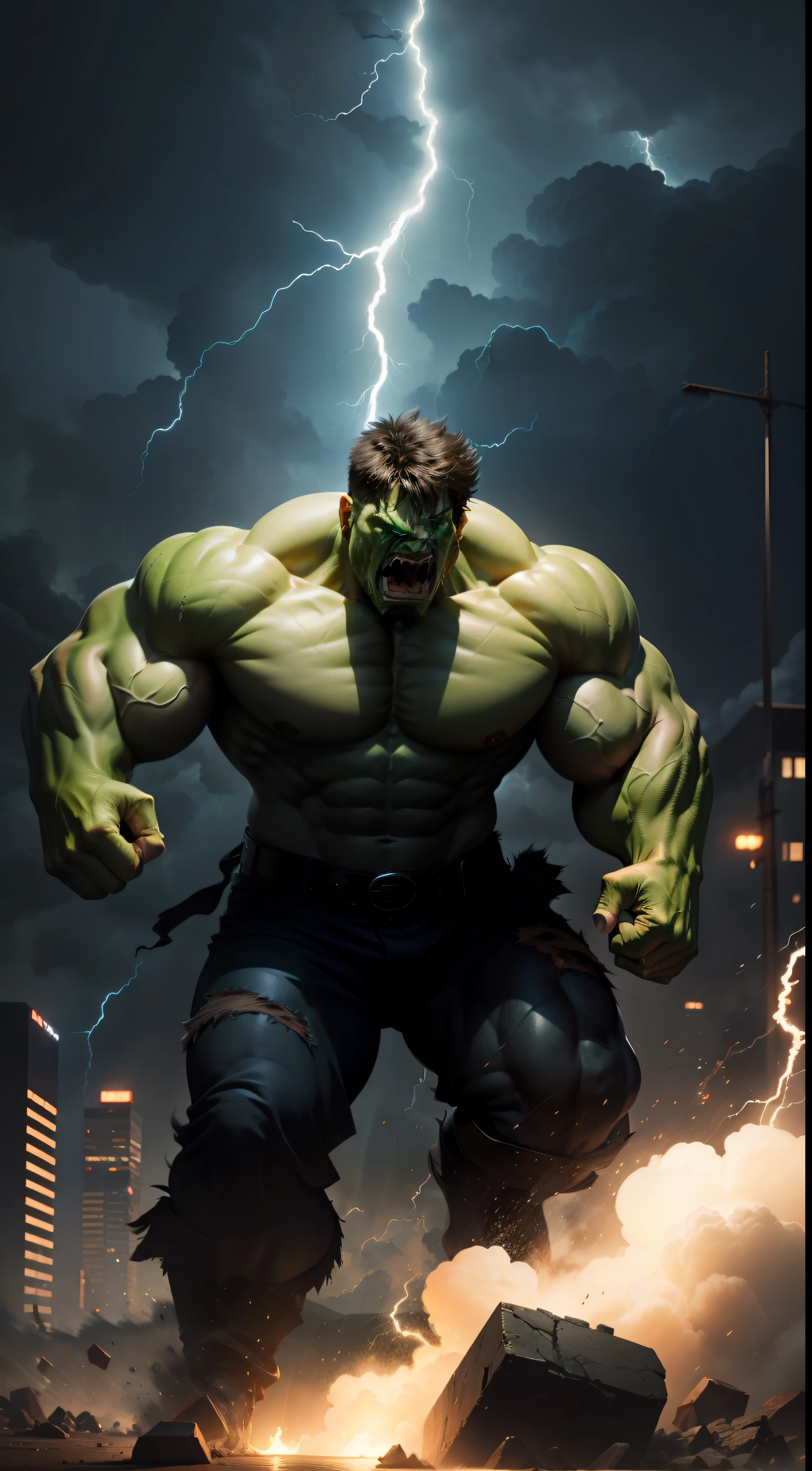 a Dramatic angry Hulk, lightning in the background, hyperrealistic, cinematic, extreem sharp