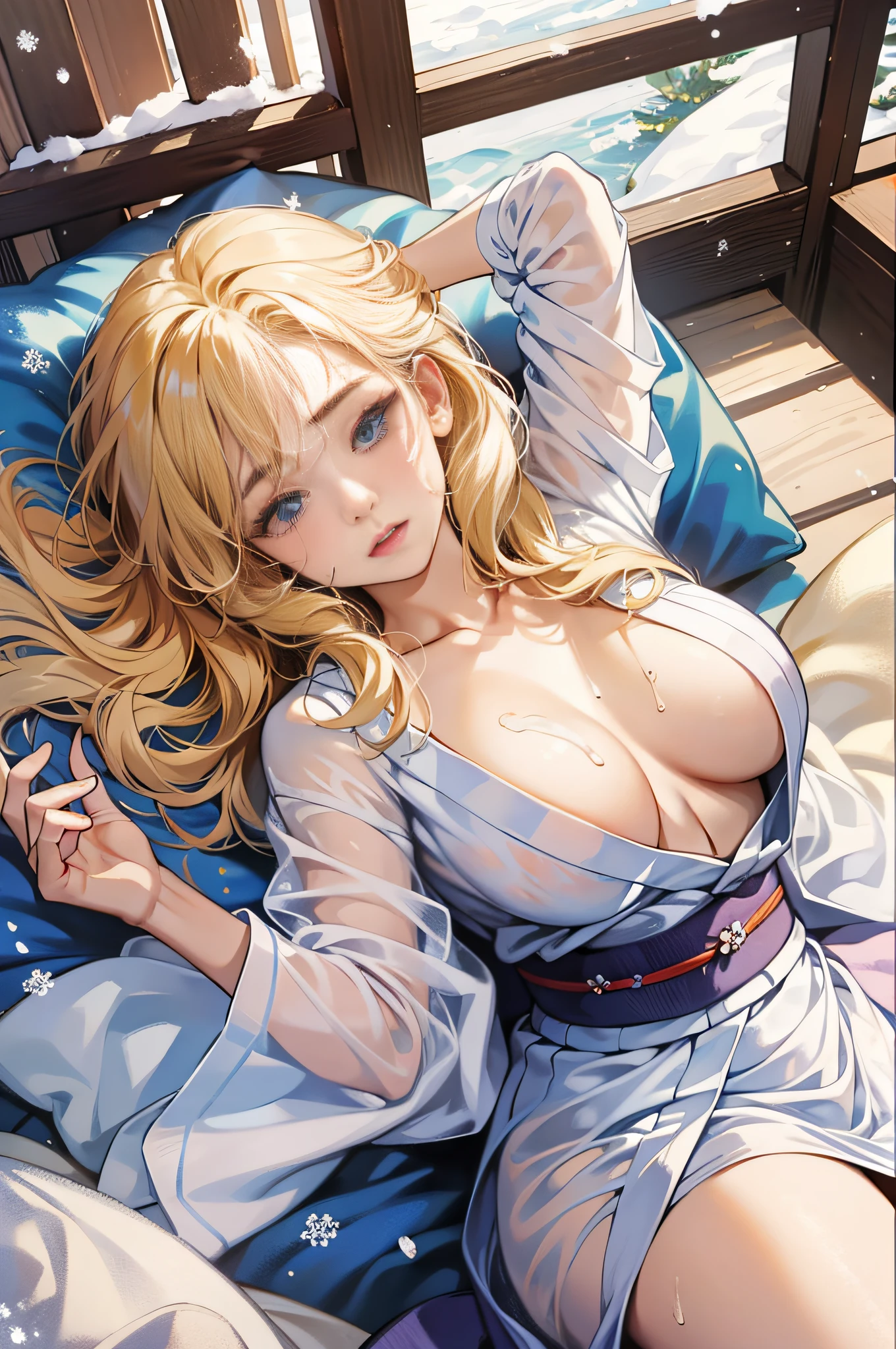 (top-quality、in 8K)、Precise depiction、a picture、One beautiful blonde American woman、38 years、Film actress、Sleeping in a snow-white bed、No Underwear、Spread your legs wide from side to side、Show off the inside of the thigh、You can see the whole body、Yukata gets wet with sweat and sticks to the skin、1 thin white see-through yukata without pattern、very large breast、The color and shape of the tip of the chest is visible 、You can see the color and shape of the areola、Looks a lot of pubic hair、The entire chest shows through、