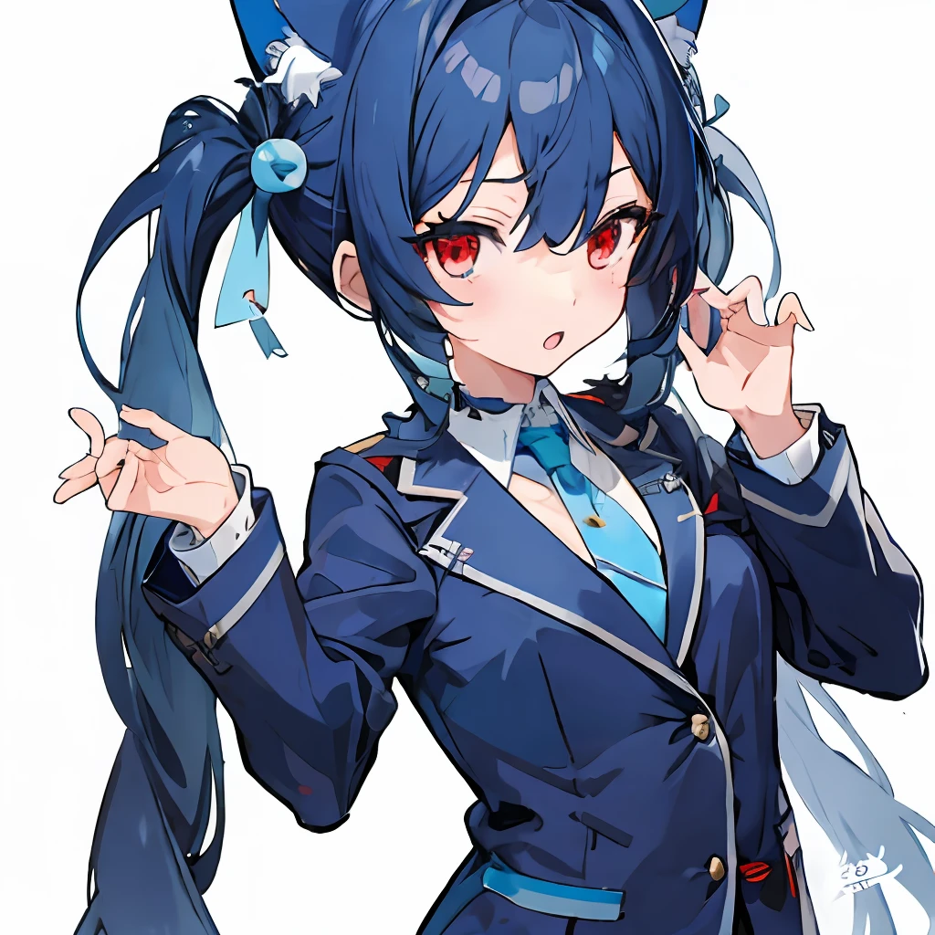 1 girl、thin long twintails、high-school uniform、Blue Archive Character、an animated character、slanted red eye, cat ears