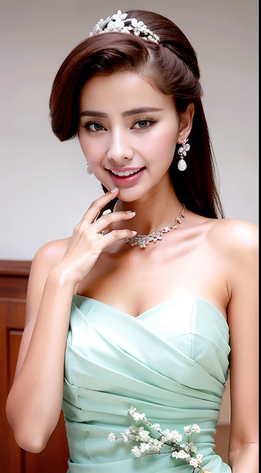 Fashion model 18 years old [[[[closeup cleavage]]]], [[[[boobgasm]]]], [[[[coll]]]], [[[[bshoulders]]]], perfect  eyes, Perfect iris，Perfect lips，perfect teeth，Perfect skin，Long face，slender nose，Soft front light，hdr，Movie girl，on cheongsam，long whitr hair，Long hair with a shawl，Long hair like a waterfall，Green trees and flowers in the background，（pastel colour：1.2）