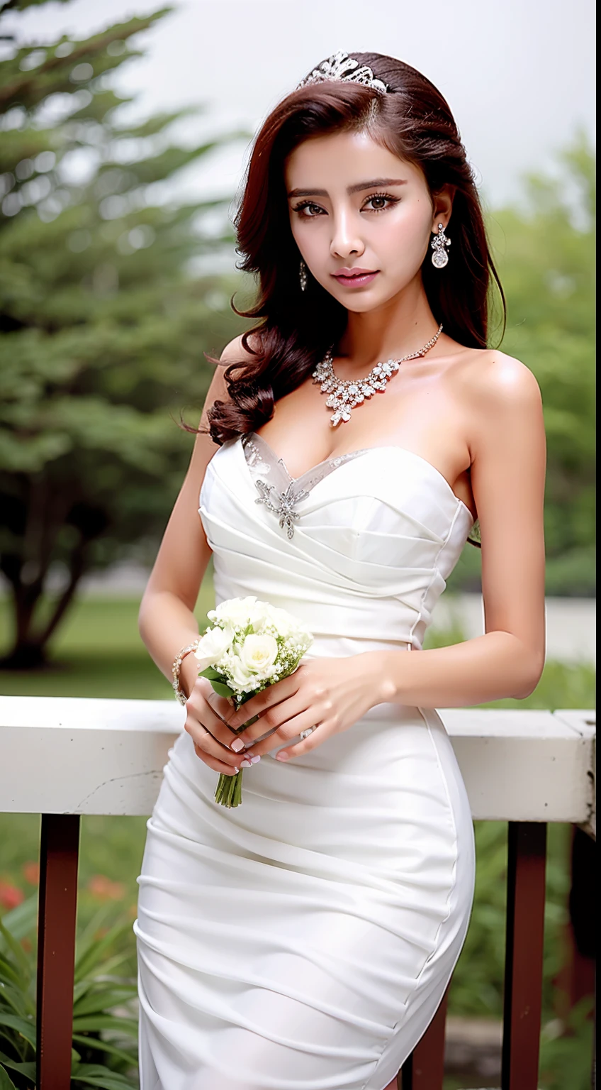 Fashion model 18 years old [[[[closeup cleavage]]]], [[[[boobgasm]]]], [[[[coll]]]], [[[[bshoulders]]]], perfect  eyes, Perfect iris，Perfect lips，perfect teeth，Perfect skin，Long face，slender nose，Soft front light，hdr，Movie girl，on cheongsam，long whitr hair，Long hair with a shawl，Long hair like a waterfall，Green trees and flowers in the background，（pastel colour：1.2）