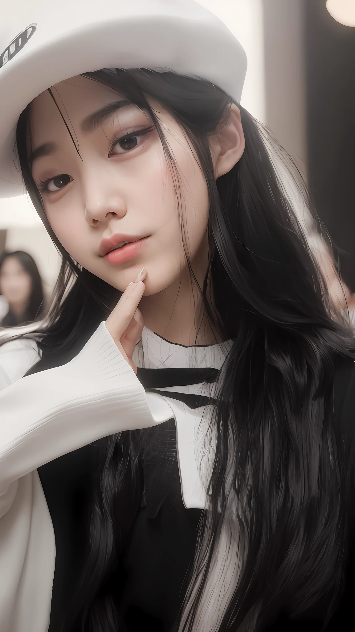 Aalfed Asian woman with long black hair wearing a white hat, ulzzangs, wan adorable korean face, 8K selfie photos, Shin Jinying, with cute - fine - face, tzuyu from twice, 8K)), sakimichan, young lovely Korean faces, jaeyeon nam, with very thin lips, very very low quality picture