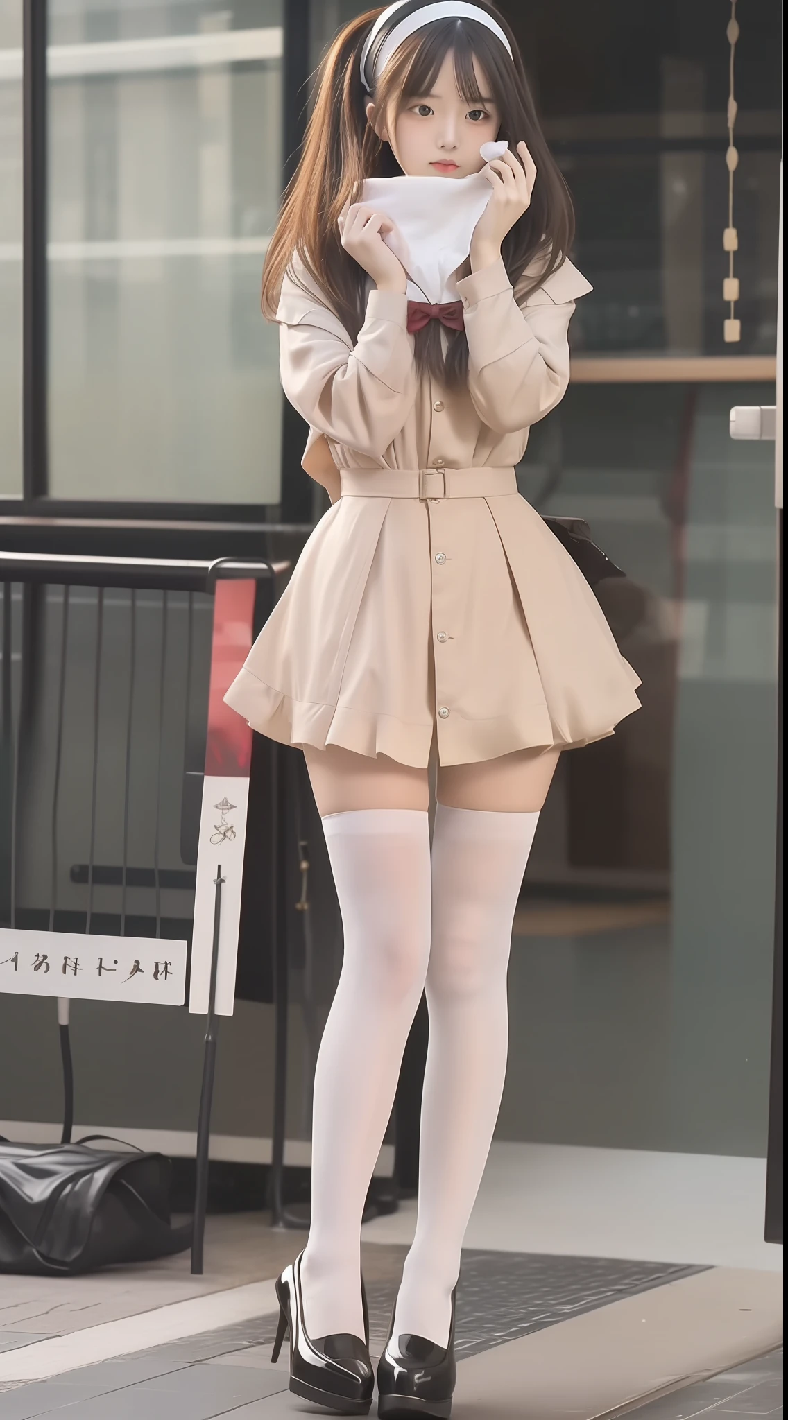 girlfriend,Color scheme,Lolita style,Female pervert,Uniform heels,long leges,(Full Focus),(Full body shot :2),Must show your face,Must have stockings,The stocking style is pantyhose,Puzzles are prohibited, Detailed and complex background, glittery, reflective light, hyper HD, Award-Awarded, A high resolution, High detail, Chiaroscuro, Cinematic lighting, Masterpiece, Ray traching,structurally correct, Super detail, High quality, High details, Best quality, 16k,anatomy correct