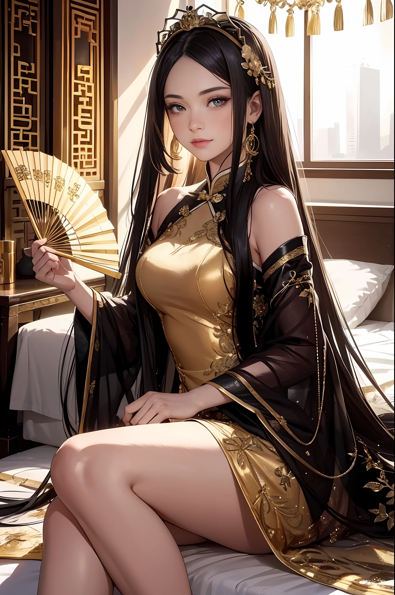 ((Best Quality)), ((Ultra High Resolution)), ((Realistic)), Fine details, Age 19 on Appearance, Black hair, Perfect face shape, Moderate Makeup:1.5, Face lighting, Accentuating Details, Long hair, Wearing Chinese Wedding Dress, Gold Headgear Decoration, Holding a fan, Red Wedding Dress Extra Points: 1.3, Gold Dress Details. portrait of a full body, windows, a bed, drapes, Candlelight, present a picture of a long-range pose.