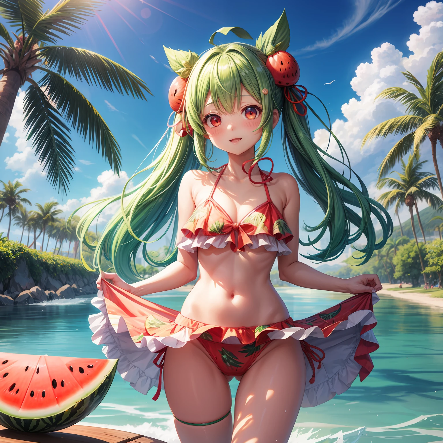 masutepiece、kawaii、high-level image quality、hiquality、realisticlying、女の子 1 人、Bun head、Green hair、Watermelon print bikini、red eyes、radiant eyes、watermelons、夏天、a river、Palm trees