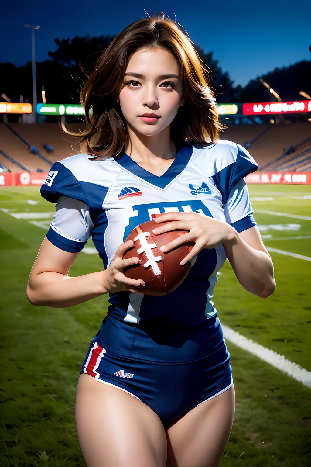 a woman playing american football, (wearing football_uniform:1.3), 
good hand,4k, high-res, masterpiece, best quality, head:1.3,((Hasselblad photography)), finely detailed skin, sharp focus, (cinematic lighting), night, soft lighting, dynamic angle, [:(detailed face:1.2):0.2],(((inside_stadium))),