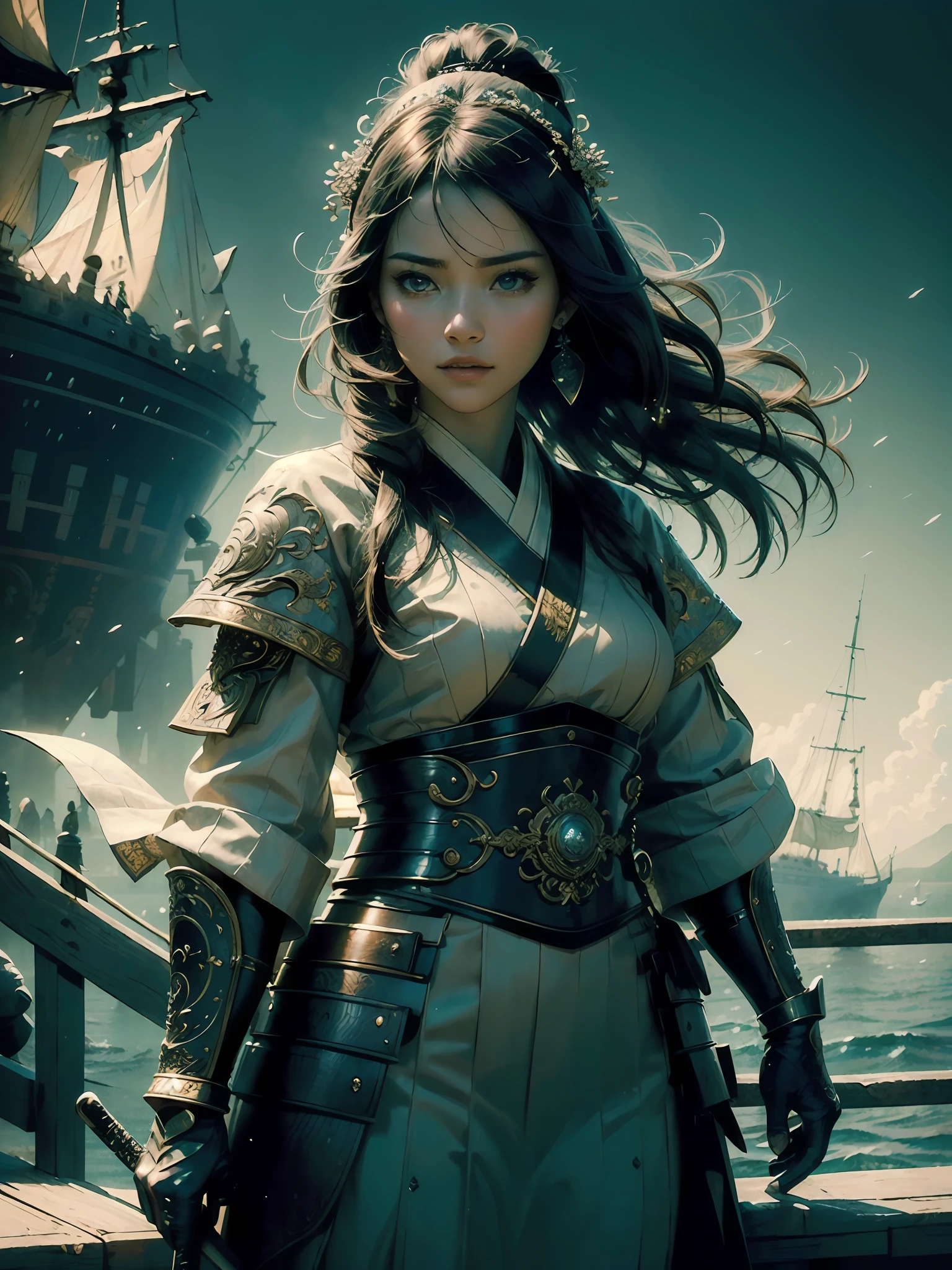 (masterpiece), (best quality), ((ultra-detailed)), (hyperrealistic), (highly detailed photo), cinematic lighting, photorealistic, portrait, extremely beautiful young lady standing on the ship, light makeup, intricate detailed eaba, samurai, shining, gloss, crisp, flirty, epic, focus, high contrast, artistic