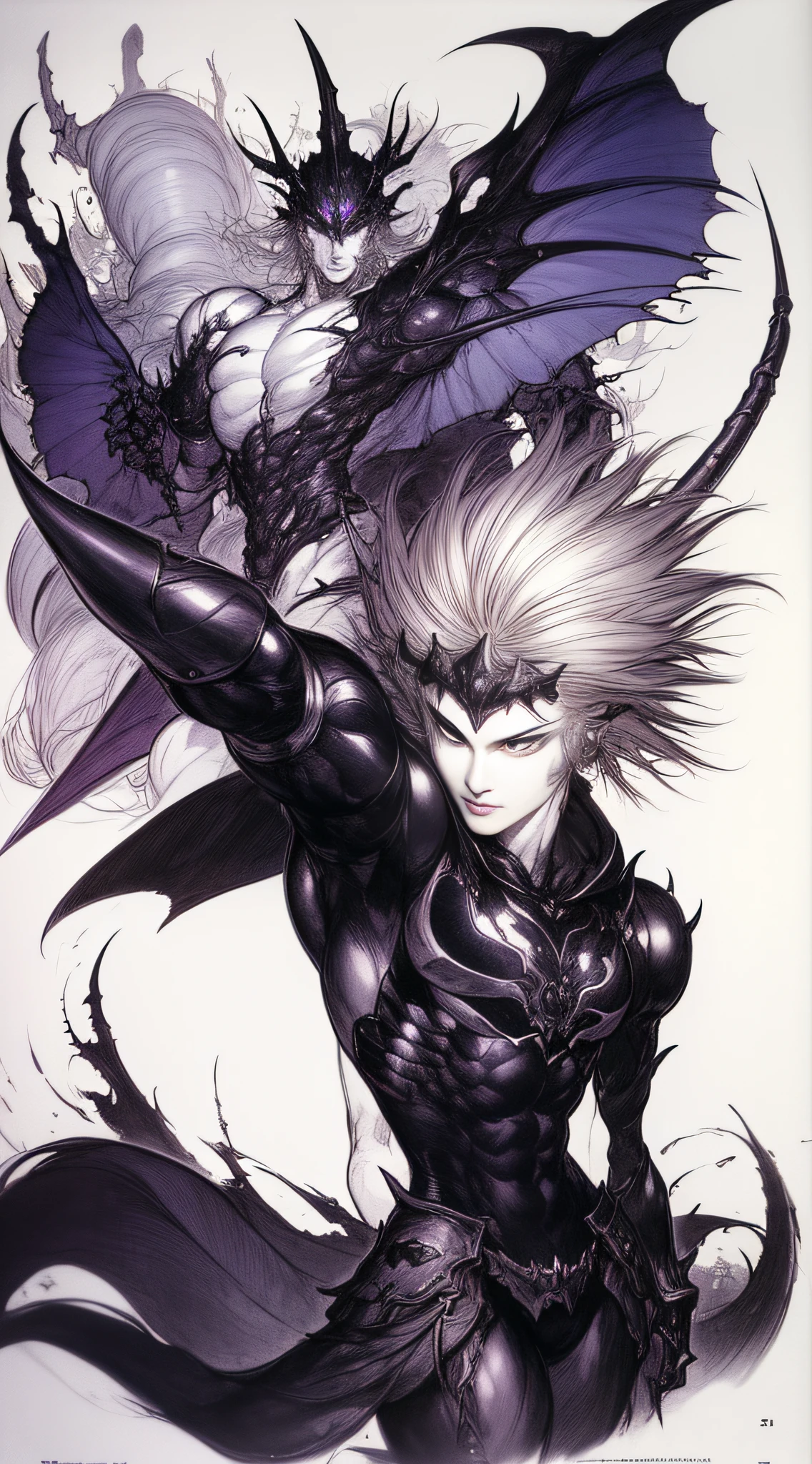 Purple armor、White background、line-drawing、pale color、Sharp spear、Fantastical、((man 1(White hair)）)、Alfonse Mucha、de pele branca、Hollow eyes、Rough sketch、coarser line、Painterly、Lively poses、Beautiful black plumage、Dracula、A slender、Blue feathers、Delicate touch、fine lines、Equivocal faces、Black Mechanical Giant、Pencil drawing、Dragon's Helmet、The face of the beast、Castle on the Moon、Jumping with legs raised、Wriggling the body、