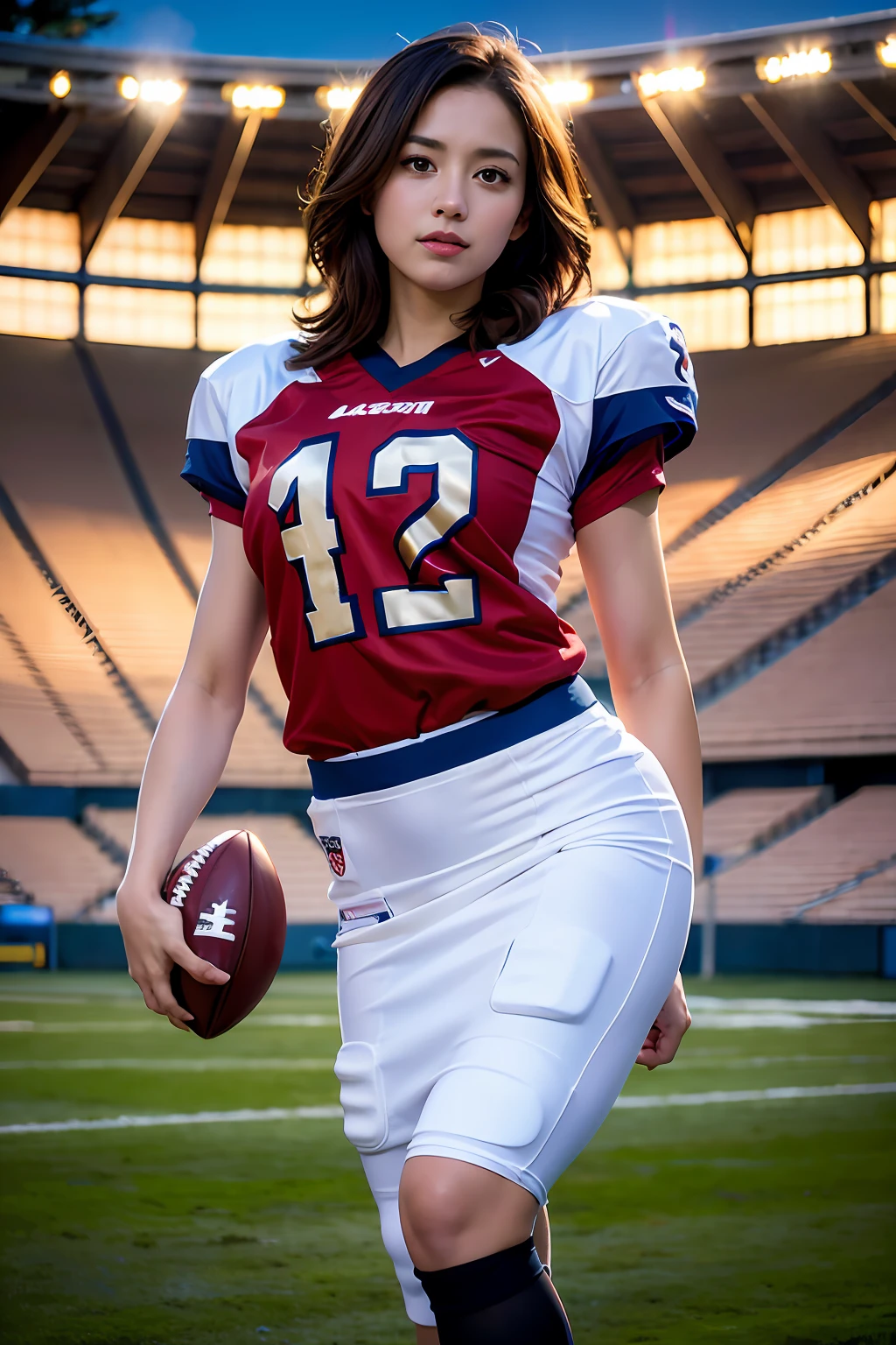 a woman playing american football, (wearing football_uniform:1.3), 
good hand,4k, high-res, masterpiece, best quality, head:1.3,((Hasselblad photography)), finely detailed skin, sharp focus, (cinematic lighting), night, soft lighting, dynamic angle, [:(detailed face:1.2):0.2],(((inside_stadium))),