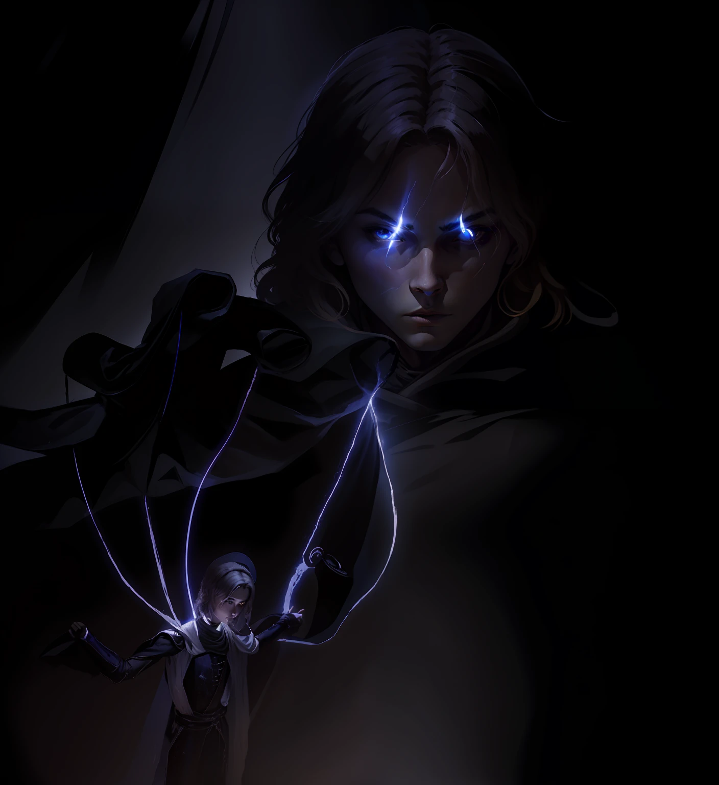 Anakin Skywalker, Sith, Tempos Sith, Anakin Skywalker como Sith do mal, Villanious, FALLEN ANGEL, Gray alien, alien, FALLEN ANGEL, Cara bonito na foto de Demon Slayer, Anakin Skywalker in the darkness with an outstretched hand controlling people with ropes like puppets, Escuro, darkeness