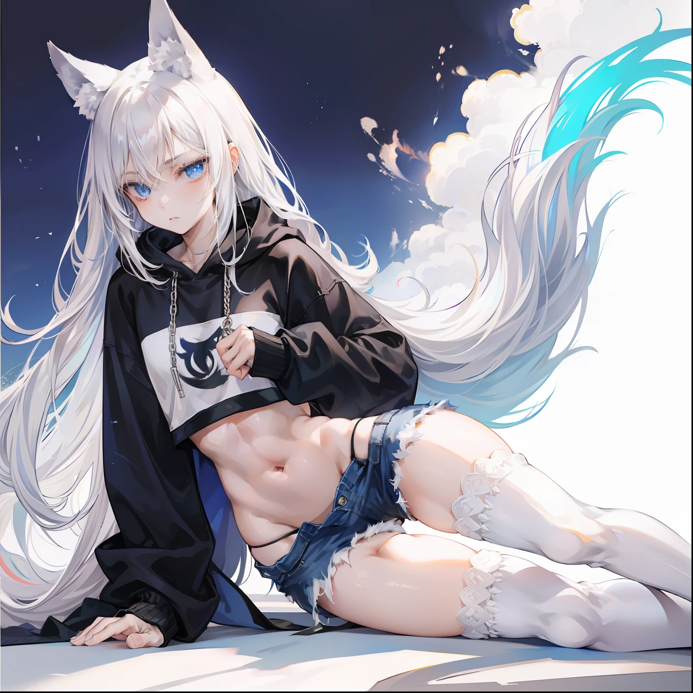 feminine male with long flowing white hair, has wolf ears, has wolf tail, wearing denim short shorts and a cropped black hoodie, thick thighs, wide hips, wearing thigh high socks, solo, alone, no wolves, showing belly, has glowing blue eyes, flat chested, wearing thigh high socks, sweaty