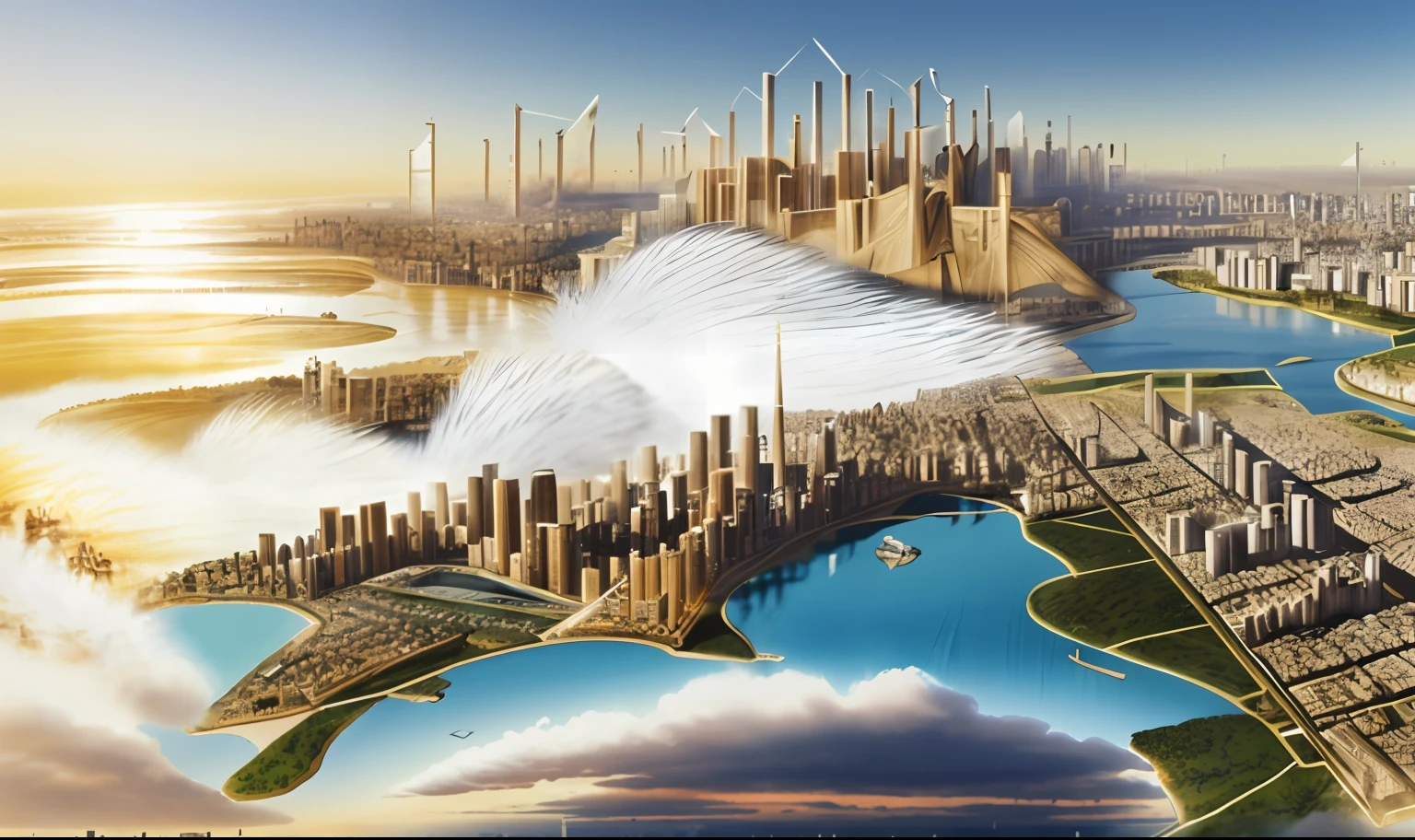 Alafid view of a city with large expanses of water, entire city in view, big and structured valhalla city, expansive detailed layered city, tectonic cityscape, sao paulo in the year 1752, entire city visible, landscape of a future city, an exquisite 3 d map, massive city, highly realistically detailed, big city, Detailed city
