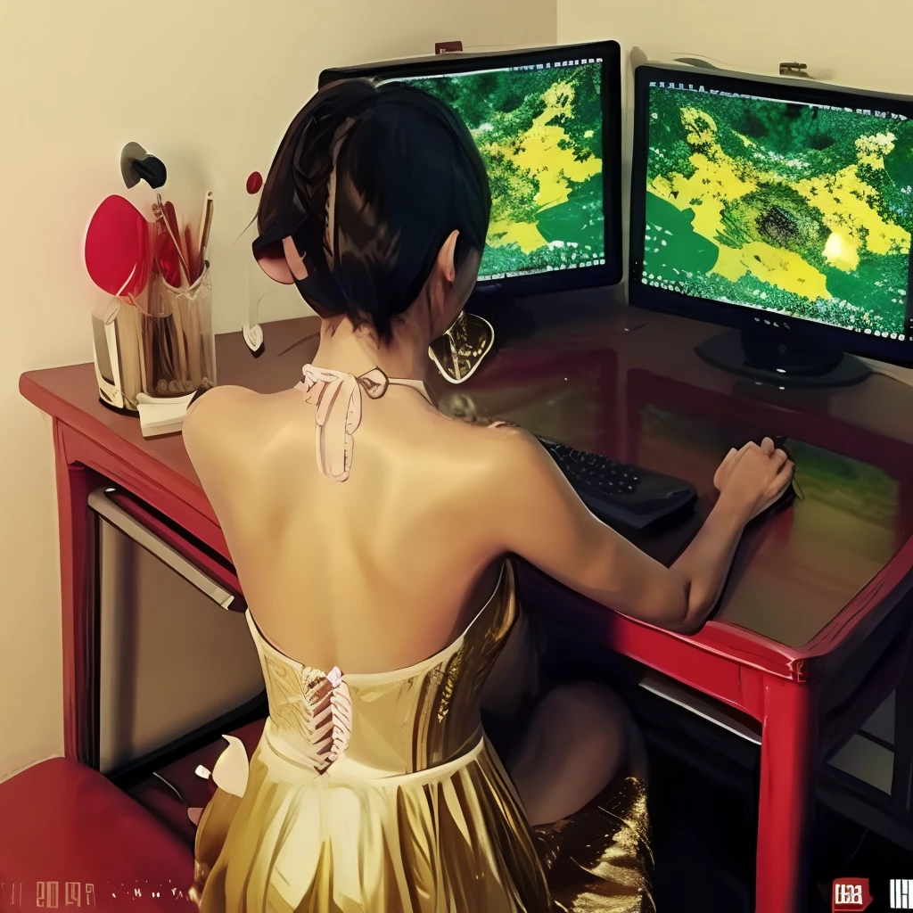 1girll,playgame,From behind,monitor,keyboard,red and gold dress