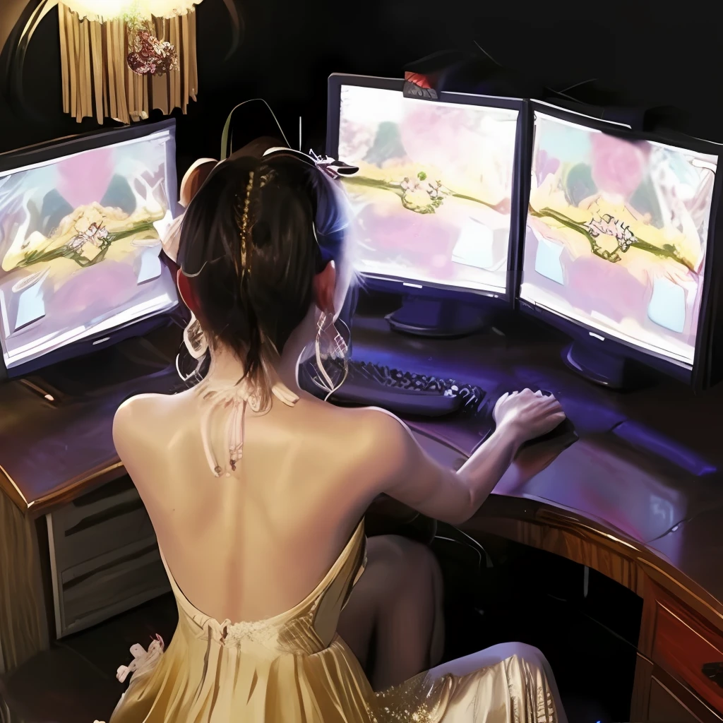 1girll,playgame,From behind,monitor,keyboard,red and gold dress