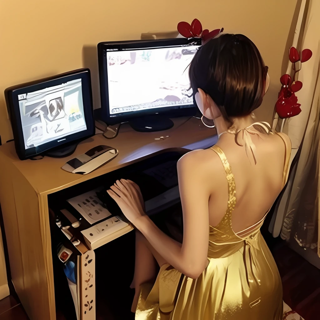 1girll,playgame,From behind,monitor,keyboard,red and gold dress