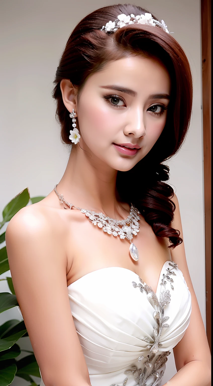 Fashion model 18 years old [[[[closeup cleavage]]]], [[[[boobgasm]]]], [[[[coll]]]], [[[[bshoulders]]]], perfect  eyes, Perfect iris，Perfect lips，perfect teeth，Perfect skin，Long face，slender nose，Soft front light，hdr，Movie girl，on cheongsam，long whitr hair，Long hair with a shawl，Long hair like a waterfall，Green trees and flowers in the background，（pastel colour：1.2）