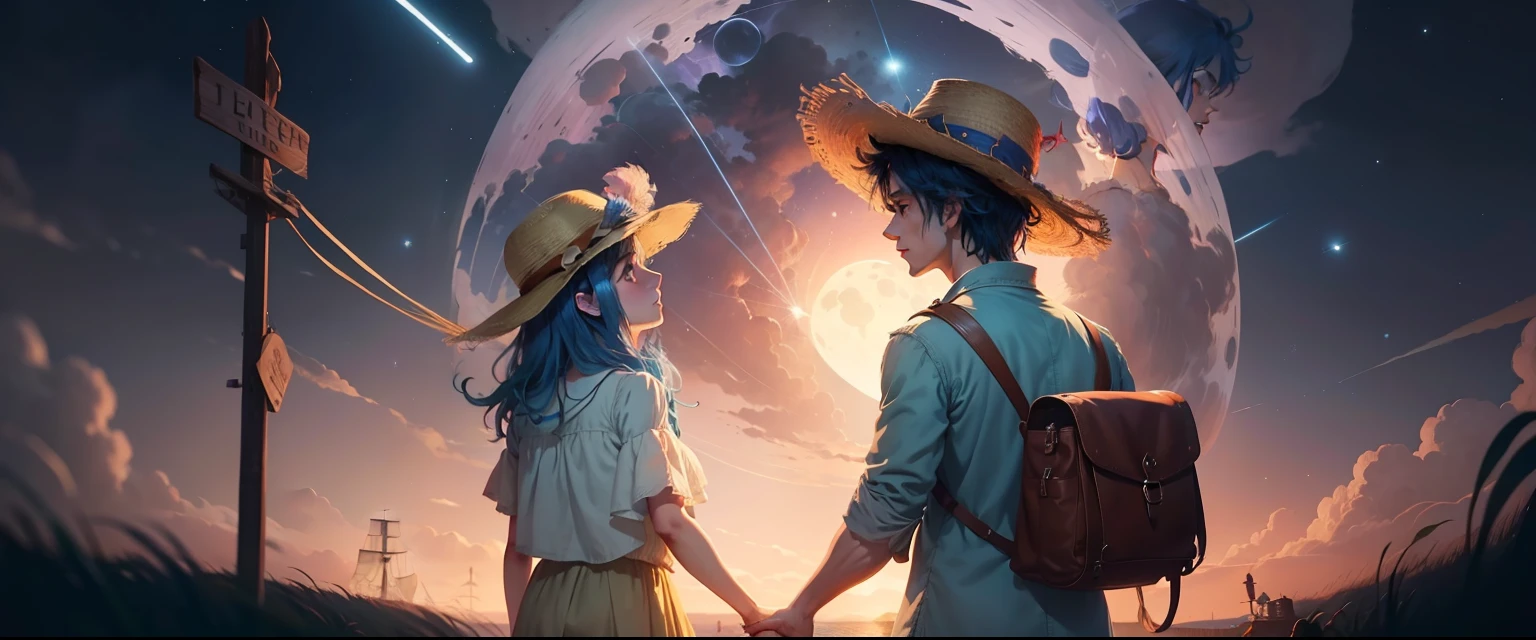 Luffy wearing a pirate hat and a blue-haired teenager wearing a straw hat who are staring at the stars, inspirado em Jakub Schikaneder, inspirado em Pascale Campion, conceito de arte para uma capa de livro, summer night, tochas e vagalumes, arte da capa de um livro, holding hands in the moonlight, Sob as estrelas, com estrelas, Pirilampos, book cover illustration, Olhando para as estrelas