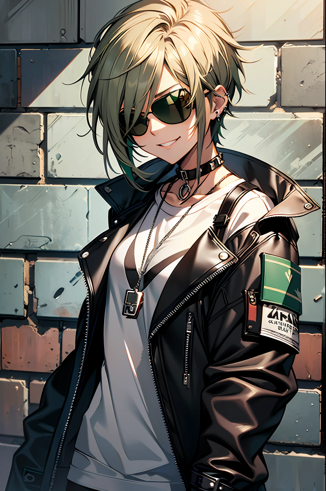 girl, (emerald green short hairstyle), ((aviator sunglasses)), (((tomboy))), big smile, street bandit clothes, leather jacket, White T-shirt, small breasts, black leather jacket, street bandit pants with silver chain, spiked choker, piercing ears, Fingerless gloves, peace sigh, against the brick wall, glasses lowered
