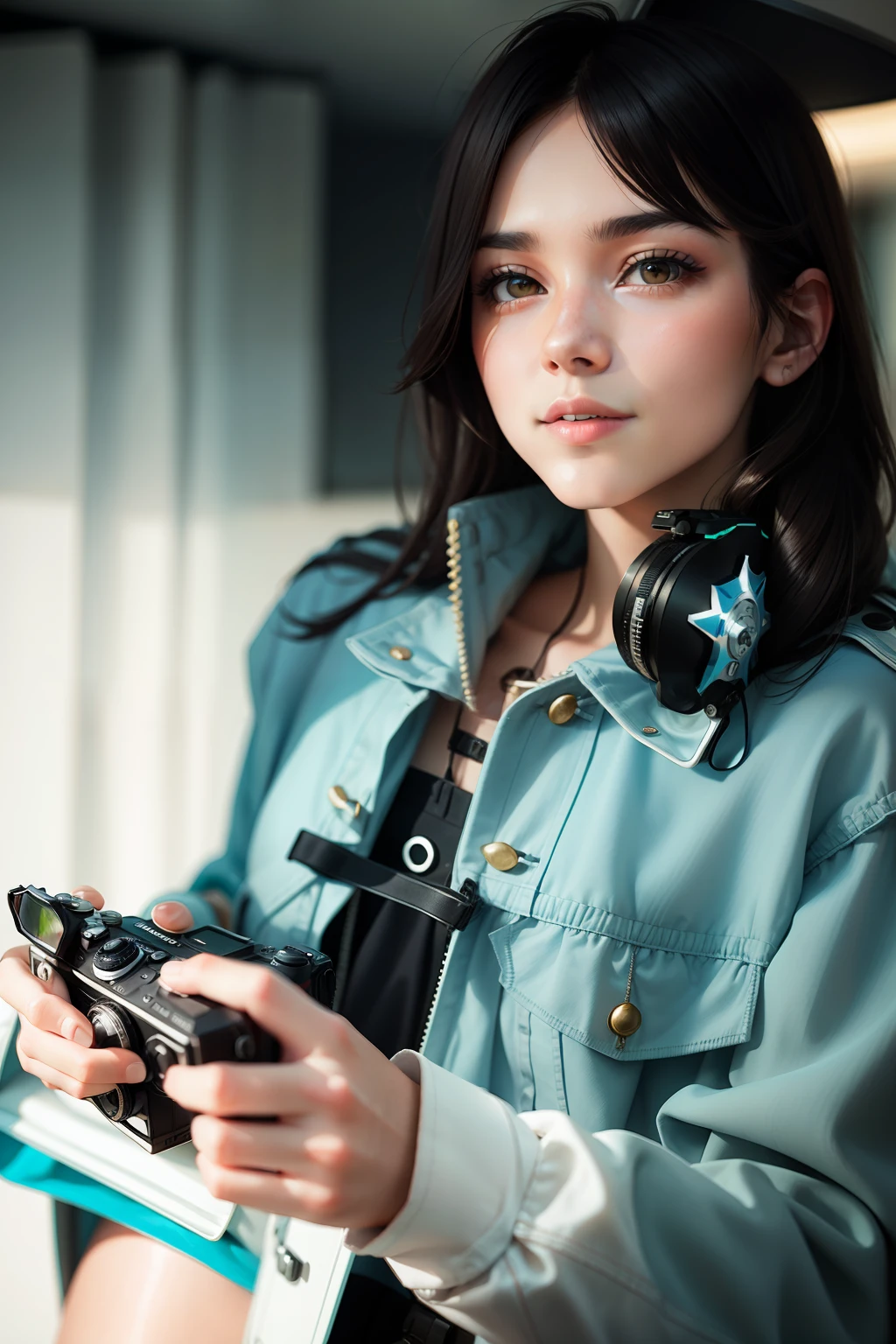 A pretty girl holding a camera