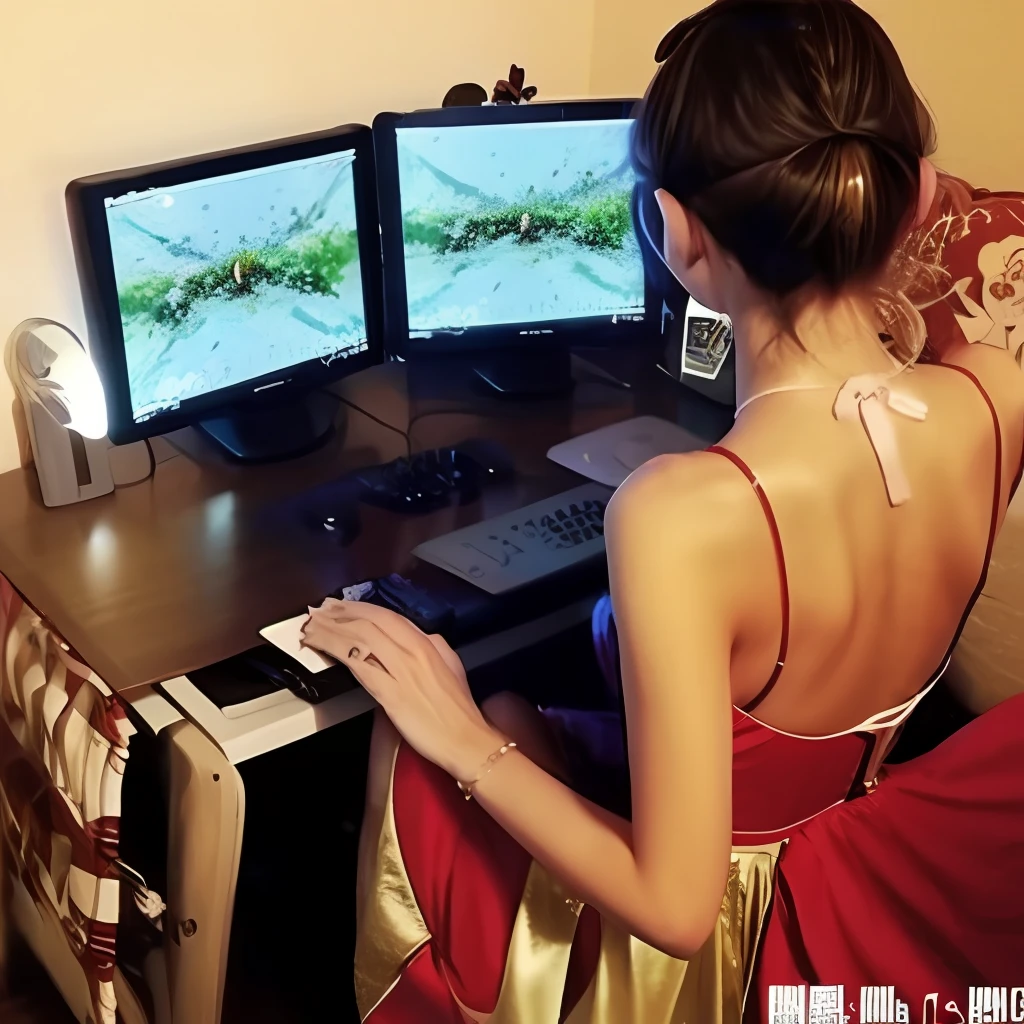 1girll,playgame,From behind,monitor,keyboard,red and gold dress