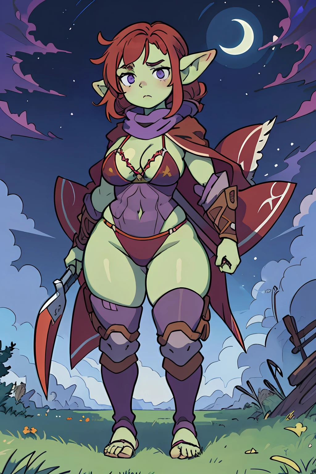 (best-quality:0.8), perfect anime illustration, masterpiece, natural lighting, 1girl, goblin girl, 1girl, solo, red hair, purple eyes, tribal clothing, cloak, scarf, bikini armor,tomboy,, knife holding,flipflops, curvy, thicc ass, thicc hips, wide hips, huge breast