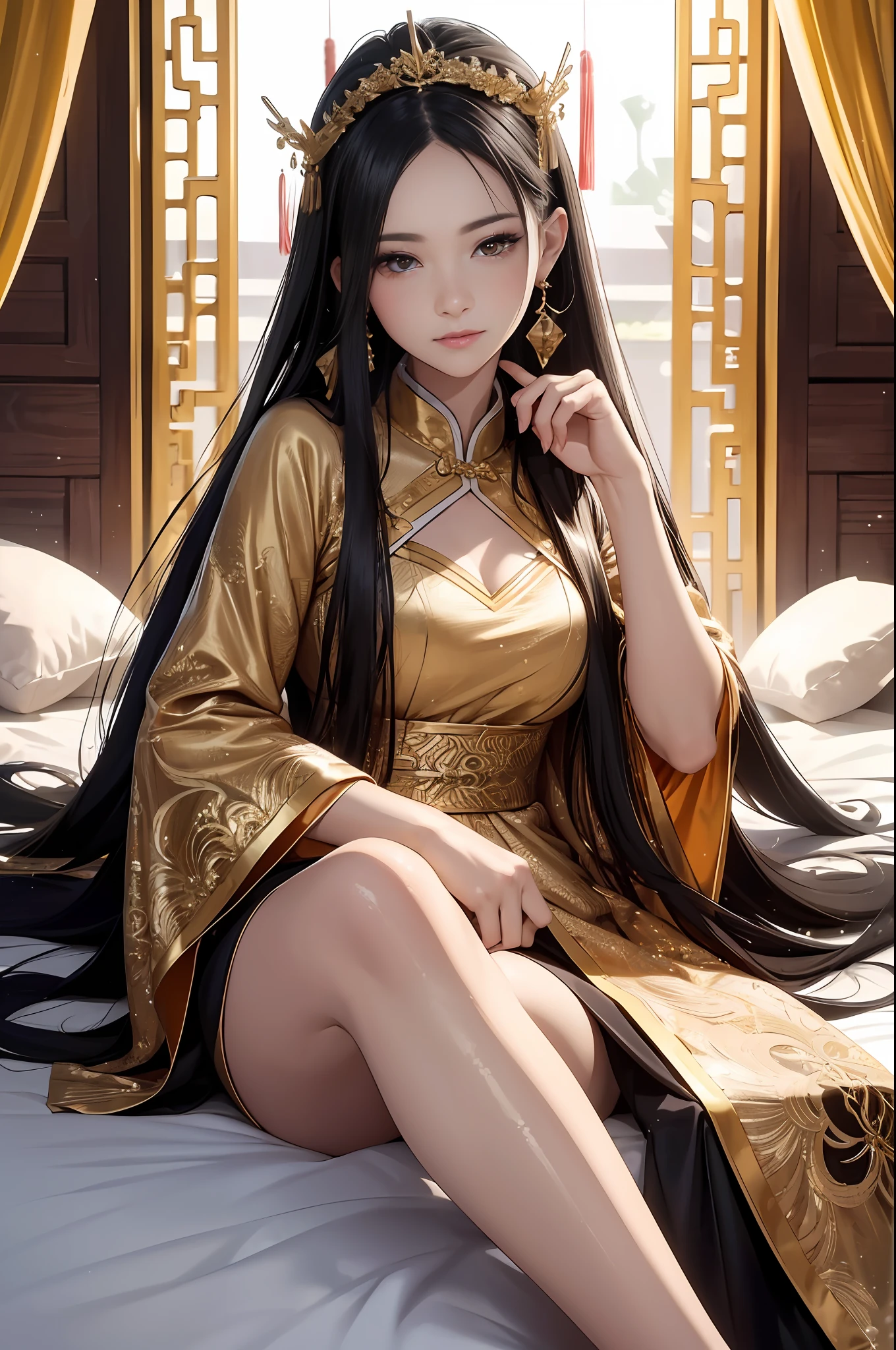 ((Best Quality)), ((Ultra High Resolution)), ((Realistic)), Fine details, Age 19 on Appearance, Black hair, Perfect face shape, Moderate Makeup:1.5, Face lighting, Accentuating Details, Long hair, Wearing Chinese Wedding Dress, Gold Headgear Decoration, Holding a fan, Red Wedding Dress Extra Points: 1.3, Gold Dress Details. portrait of a full body, windows, a bed, drapes, Candlelight, present a picture of a long-range pose.