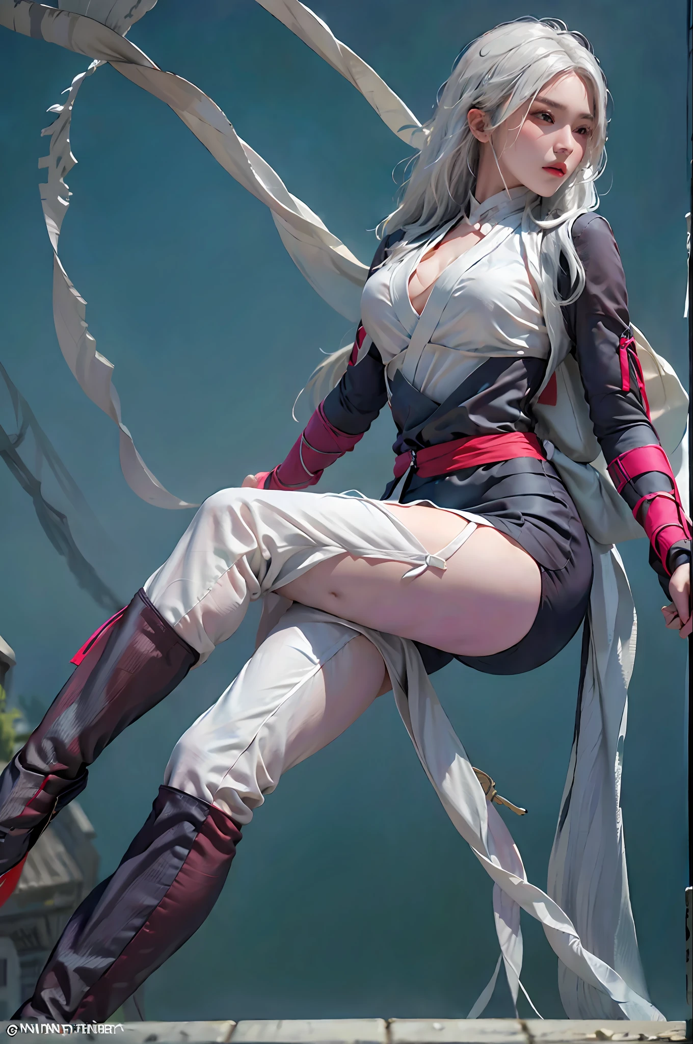 Photorealistic, high resolution, 1womanl, Solo, Hips up, view the viewer, (Detailed face), White hair, Long hair, (((ninjartist_suit, ninjartist))),upper legs, fishing nets, Pelvic curtain