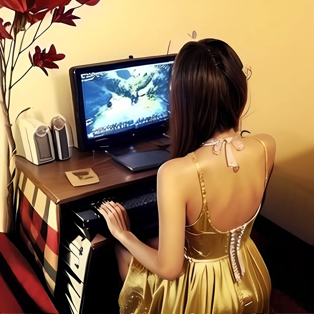 1girll,playgame,From behind,monitor,keyboard,red and gold dress