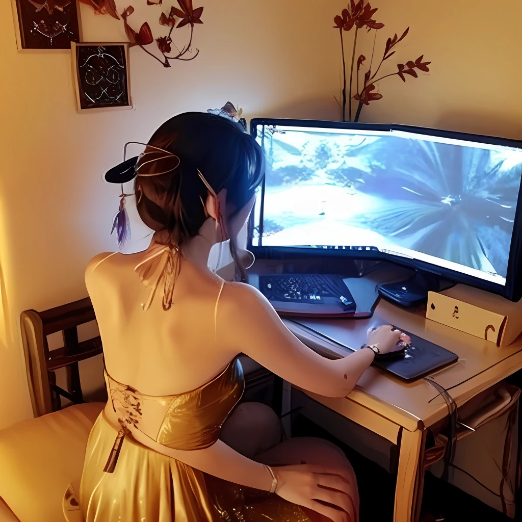 1girll,playgame,From behind,monitor,keyboard,red and gold dress