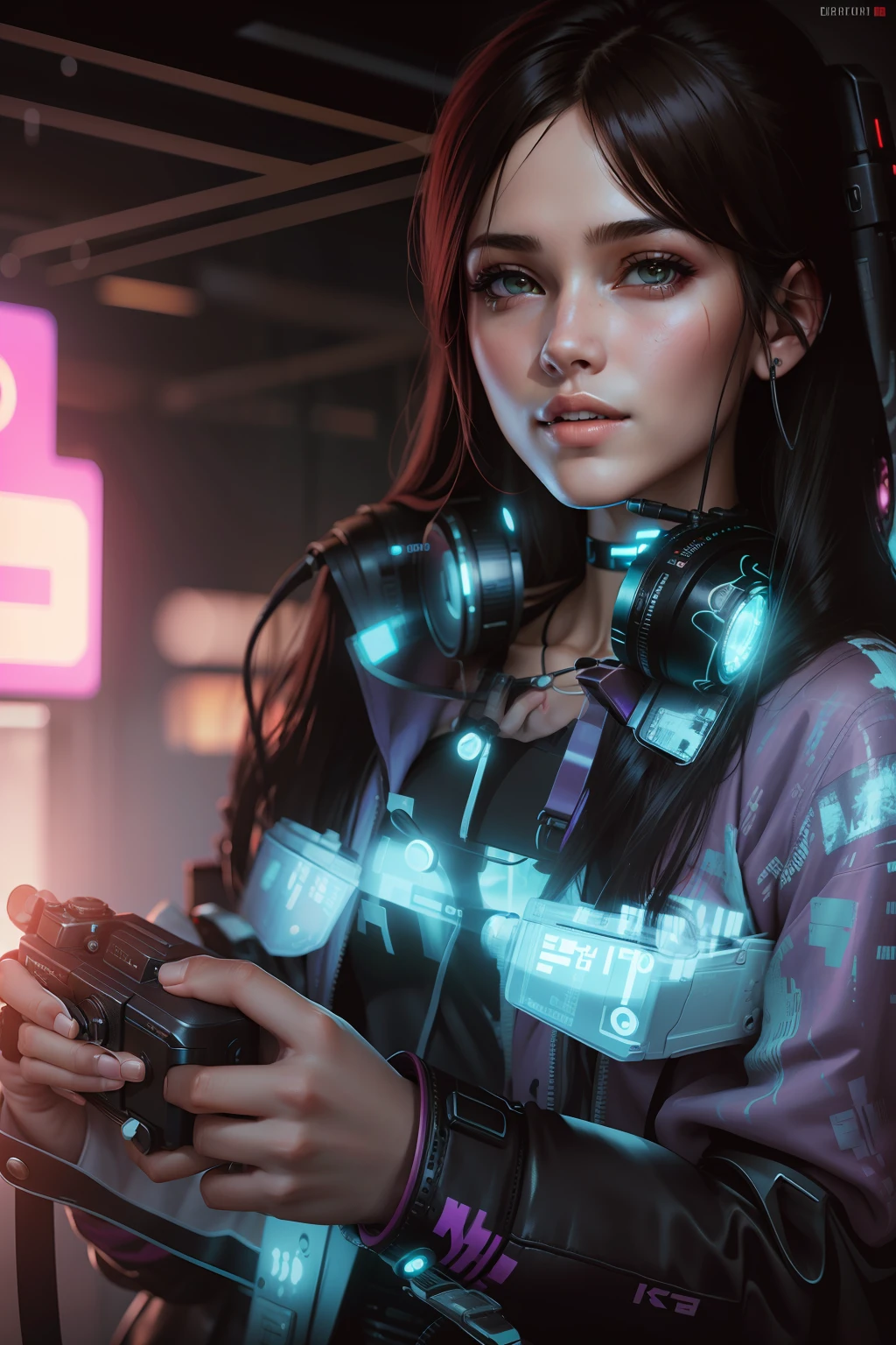 A pretty girl holding a camera, cyberpunk style
