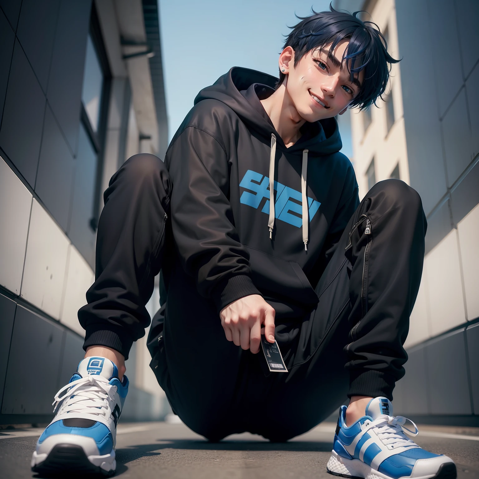 1boy, male focus, black eyes, solo, blue hair, smile, looking at viewer, hoodie shirt, black long pants, blue sporty shoes