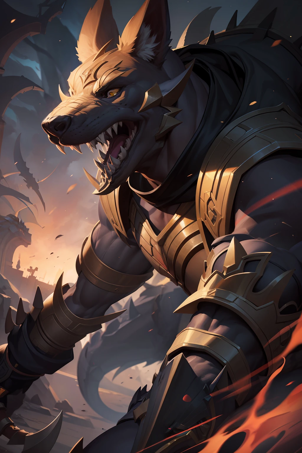 "Nasus + Renekton mesclado, Liga das Lendas, Detalhes minuciosos, alta qualidade, An incredibly detailed and well-executed illustration, dynamic poses and intense expressions. Thematic background "