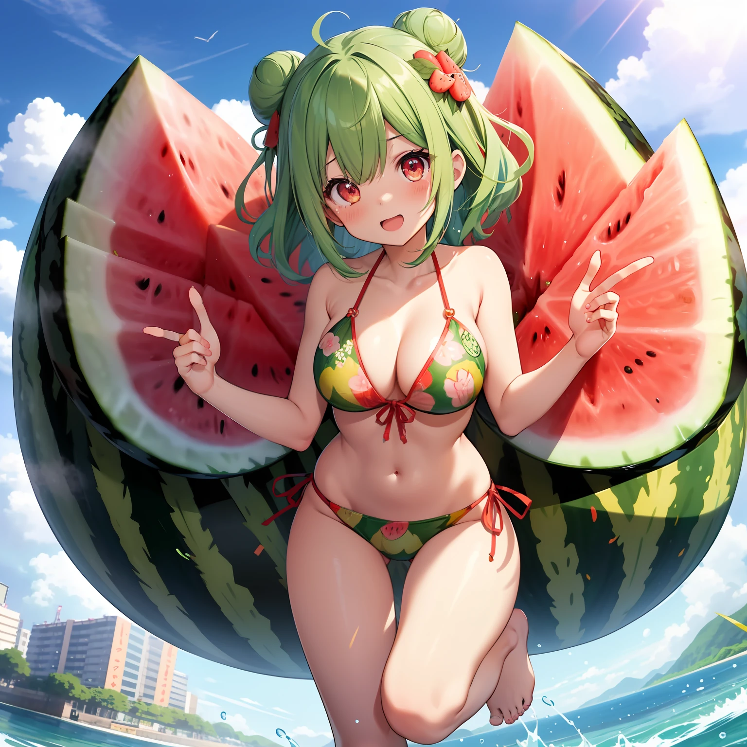 masutepiece、kawaii、high-level image quality、hiquality、realisticlying、 1 人、Bun head、Green hair、Watermelon print bikini、red eyes、radiant eyes、watermelons、夏天、a river、M-shaped legs、sole of feet