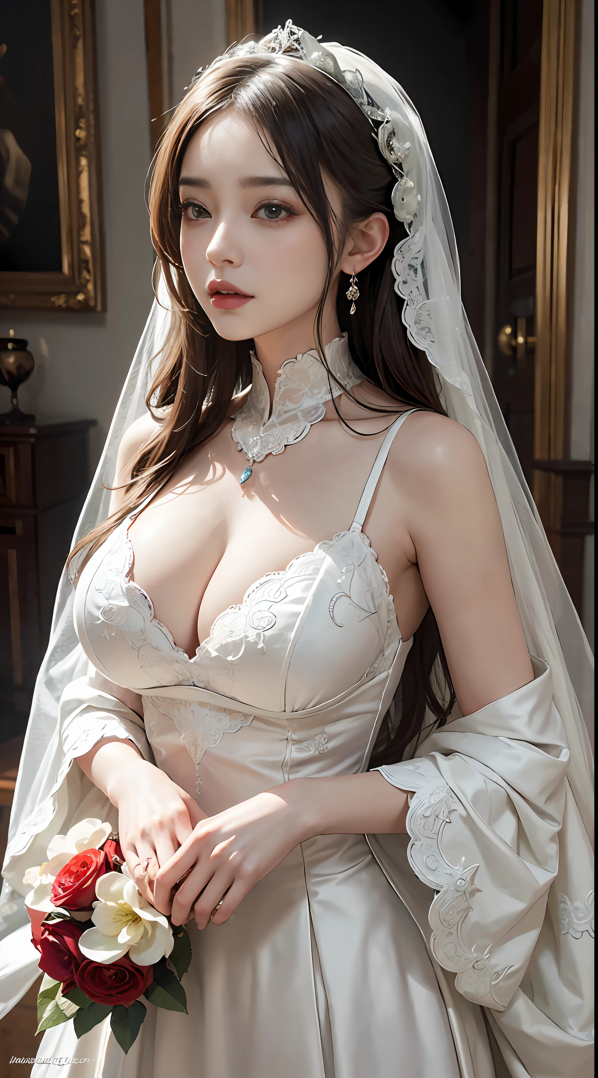 offcial art,Unity 8k壁纸,ultra - detailed,aestheticly pleasing,big breasts beautiful,tmasterpiece,best qualtiy,
downy, atmospurate, warm, romanticism lain, blissful, Literary, Artistically, Fashionab, victorian age, decor, iintricate, ironwork, Exquisite facial features,Reddened face,The expression of ,white wedding gown, Contemplative, emotive depth, supranatural,perfect boobs,busty figure