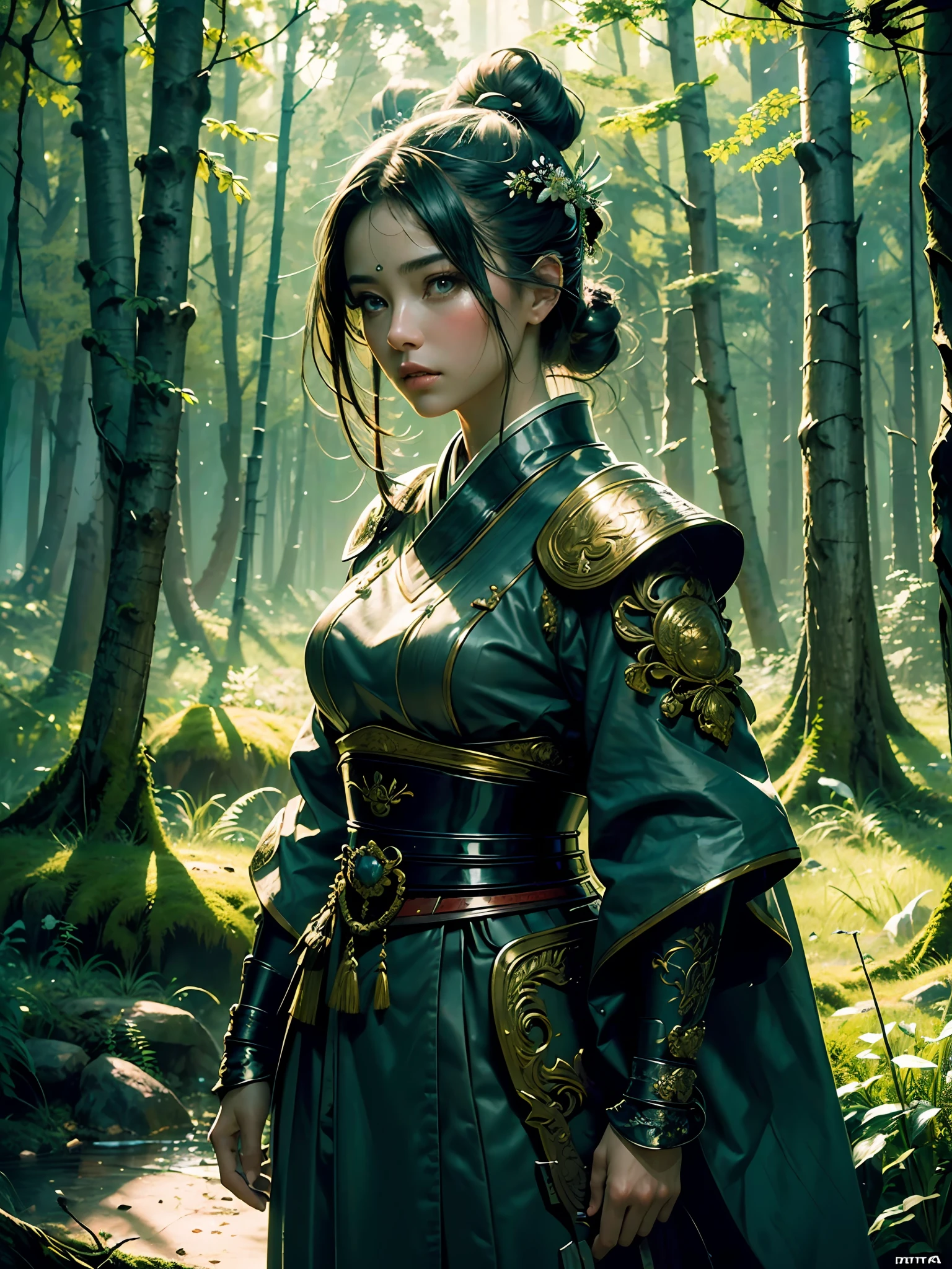 (masterpiece), (best quality), ((ultra-detailed)), (hyperrealistic), (highly detailed photo), cinematic lighting, photorealistic, portrait, extremely beautiful young lady standing in the blooming forest, light makeup, intricate detailed eaba, samurai, shining, gloss, crisp, flirty, epic, focus, high contrast, artistic