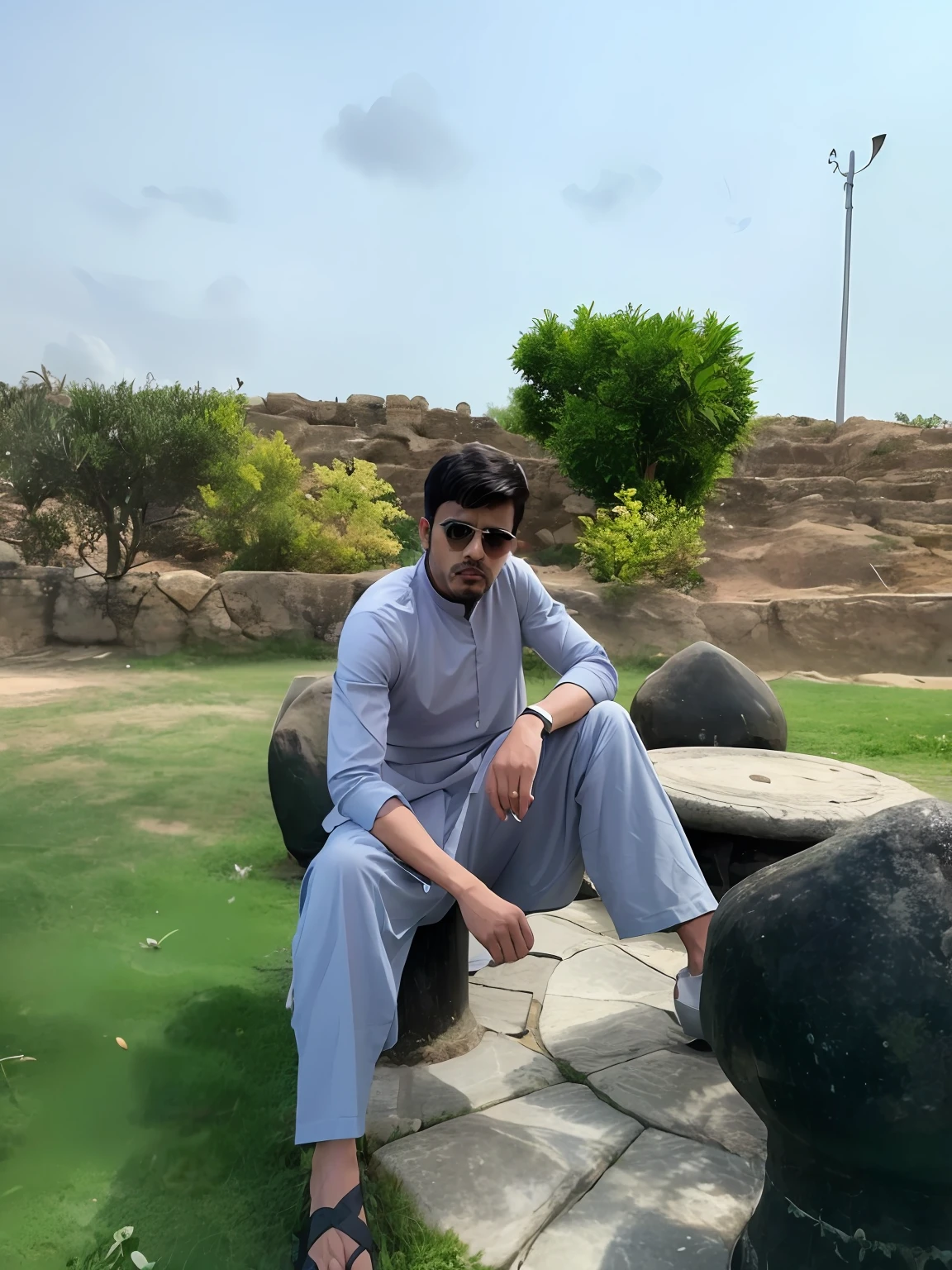 there is a man sitting on a stone bench in a park, with a cool pose, full body photogenic shot, cool pose, very very low quality picture, mohamed chahin style, in a scenic background, kyza saleem, at an ancient city, stylish pose, wearing a kurta, inspired by Fathi Hassan, !! low contrast!!, candid picture