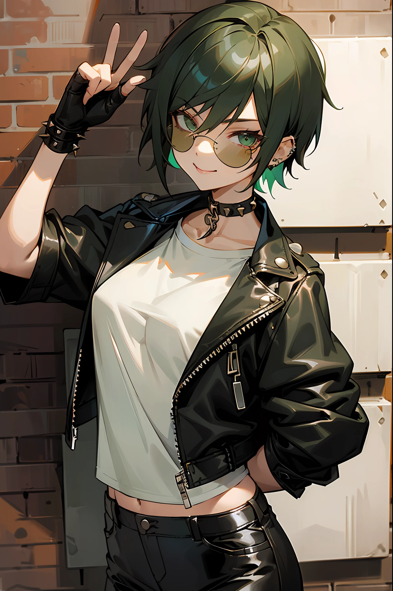 girl, (emerald green short hairstyle), ((aviator sunglasses)), (((tomboy))), big smile, street bandit clothes, leather jacket, White T-shirt, small breasts, black leather jacket, street bandit pants with silver chain, spiked choker, piercing ears, Fingerless gloves, peace sigh, against the brick wall, glasses lowered
