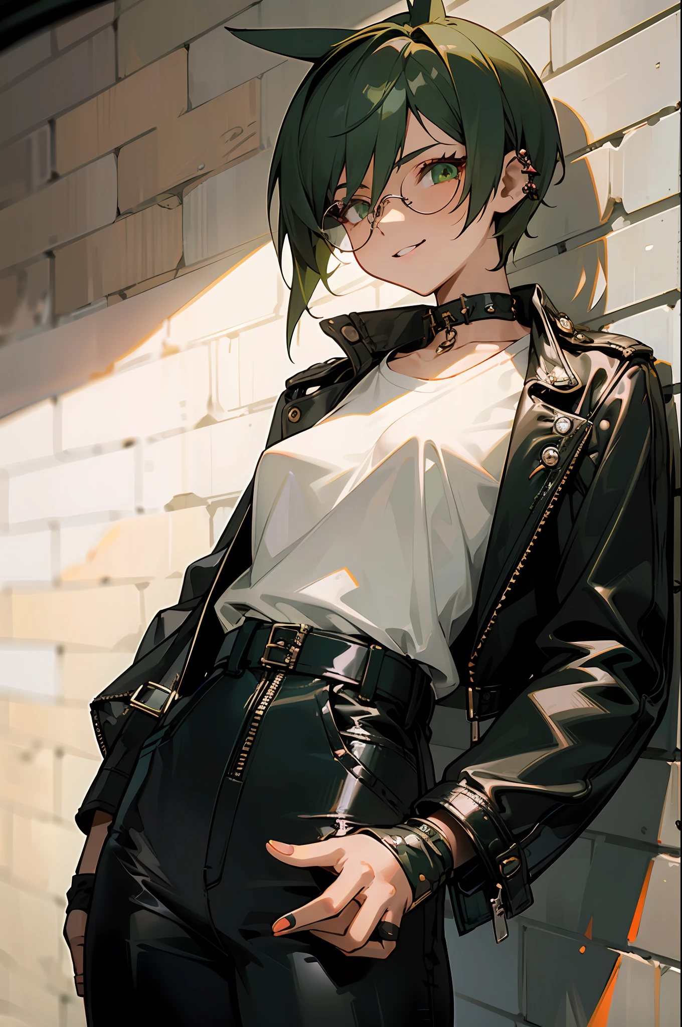 girl, (emerald green short hairstyle), ((aviator sunglasses)), (((tomboy))), big smile, street bandit clothes, leather jacket, White T-shirt, small breasts, black leather jacket, street bandit pants with silver chain, spiked choker, piercing ears, Fingerless gloves, peace sigh, against the brick wall, glasses lowered