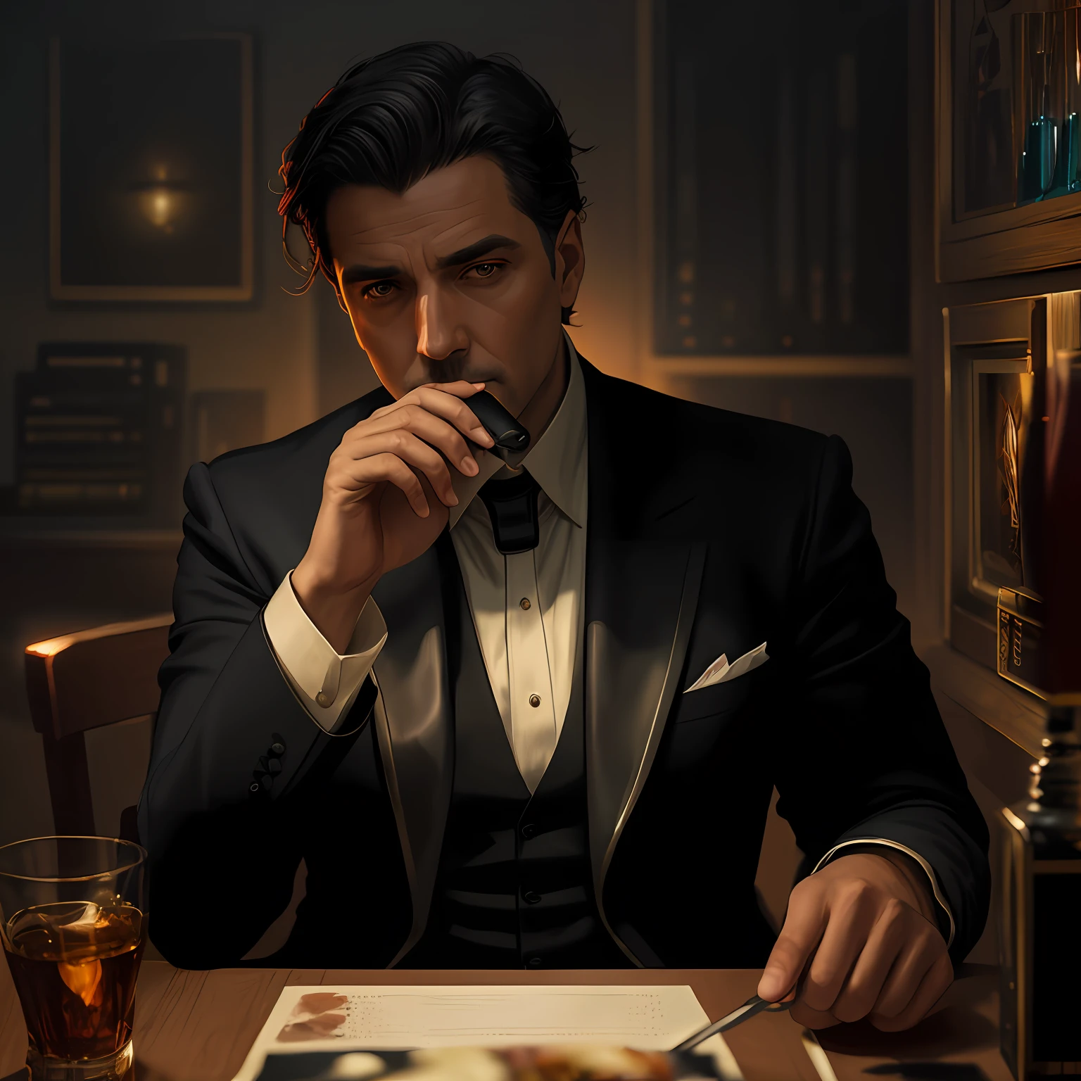 (obra-prima, melhor qualidade: 1.2), rosto detalhado, (cores suaves: 1.2, studio dark, edgelighting, dual-tone lighting, luz fraca, tom baixo, ), a poster for a 1930s detective film \(estilo\), noir ,(atmosfera noir:1), atmosfera sombria, emphasis on color noir, 1930s (/estilo/), a private detective sitting at the table and drinking whiskey in a private detective office and talking, homem usava terno de detetive, trending on ArtStation, trends in CGSociety, Intricate, High Detail, dramatic, arte de pintura fotorrealista de Midjourney e Greg Rutkowski 16:9 image