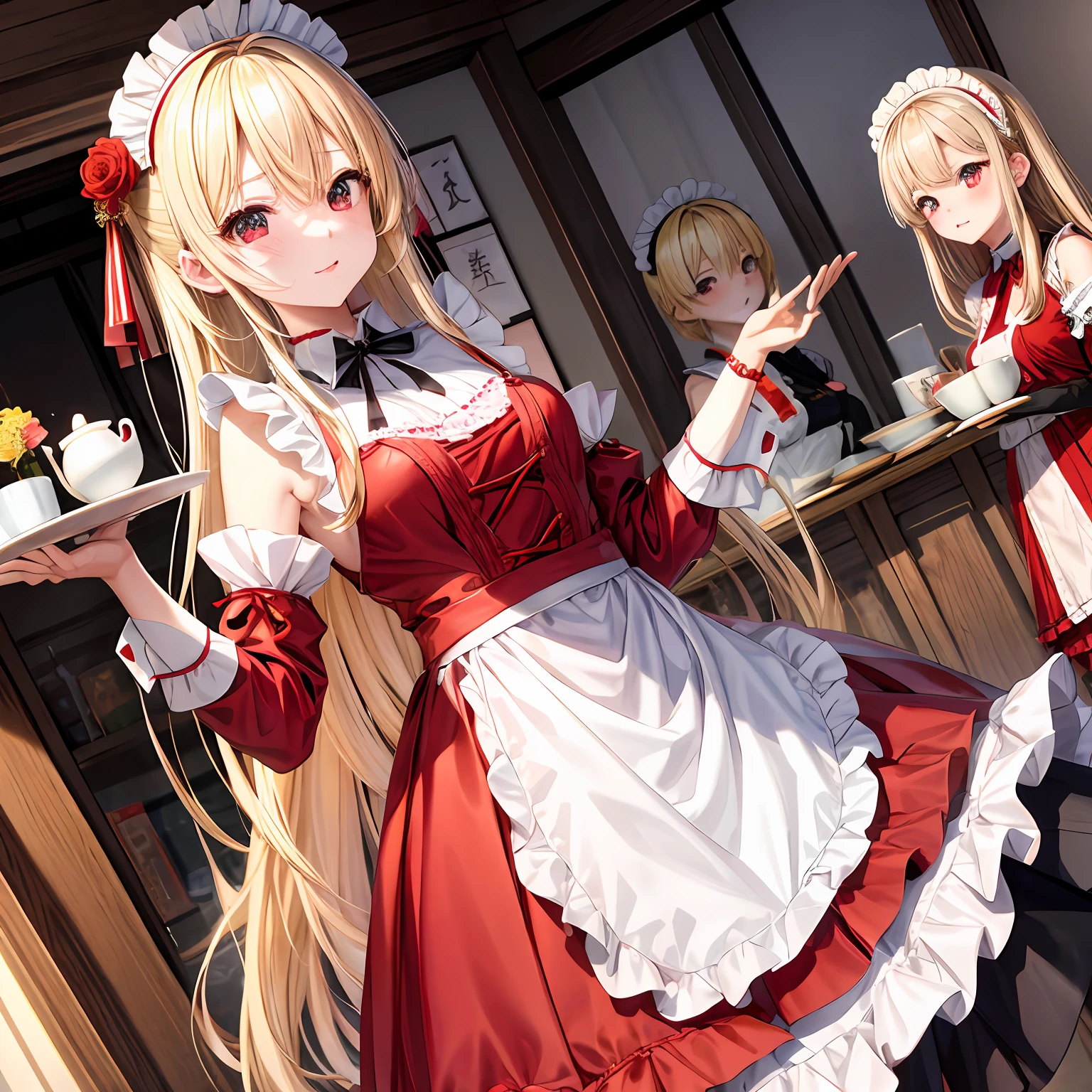 a blond、red eyes、One pretty girl、独奏、animesque、maid clothes、off shoulders、waitresses