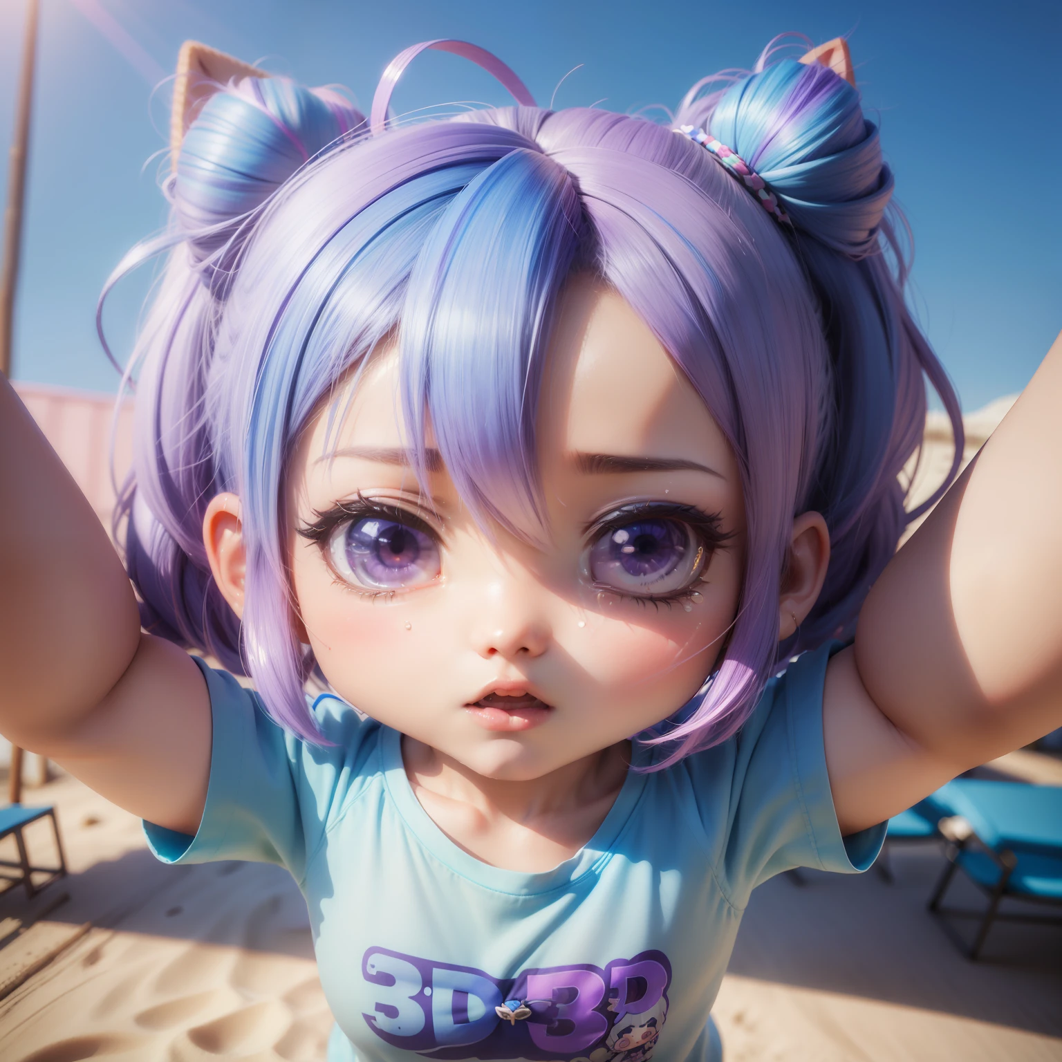 (((Chibi 3D)))Cute and beautiful chibi anime,Hair in two bun styles mixed with light blue and blue、Wearing purple colorful t-shirt,upperbody shot,is crying,Tears,Screaming,「Reach out and bring it to the side of your face、「Hello」Let's call out loud」 Summer Beach,
