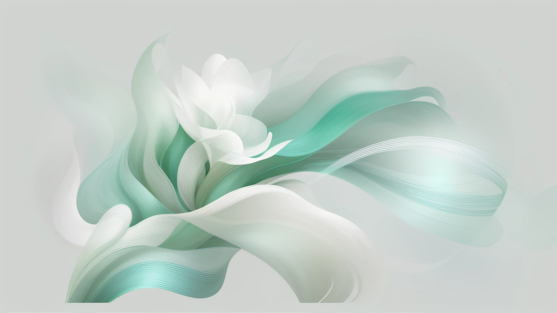 there is a white flower with green leaves on a gray background, silk flowing in wind, organic flowing background, interacte smooth flowing lines, beautiful brush stroke rendering, flowing aqua silk, Flowing realistic fabric, abstract cloth simulation, flowing material, sleek flowing shapes, soft digital painting, soft organic abstraction, flowing teal-colored silk, glossy digital painting