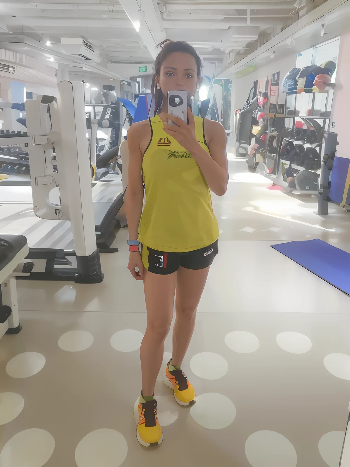 Arafeld woman taking a selfie with mirror in gym, fit pic, in the gym, wearing fitness gear, Full body picture, cute sportswear, wearing yellow croptop, full bodyesbian!, workout, full bodyesbian!!!, full bodyesbian;, low quality photo, wearing a vest and shorts, Fitness on the planet, wearing track and field suit